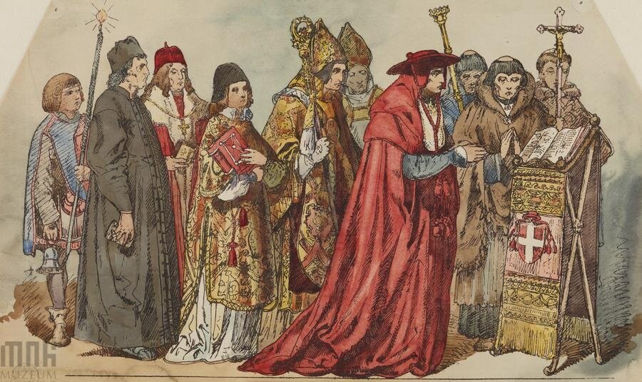 Obraz prezentuje grupę złożoną z dziewięciu duchownych i jednego kościelnego. Duchowni mają na sobie bogato zdobione haftami, kolorowe szaty liturgiczne. Niektórzy z nich to biskupi w tiarach i z pastorałami. W grupie znajduje się także jeden ksiądz w codziennej, czarnej sutannie oraz dwóch zakonników w skromnych habitach.