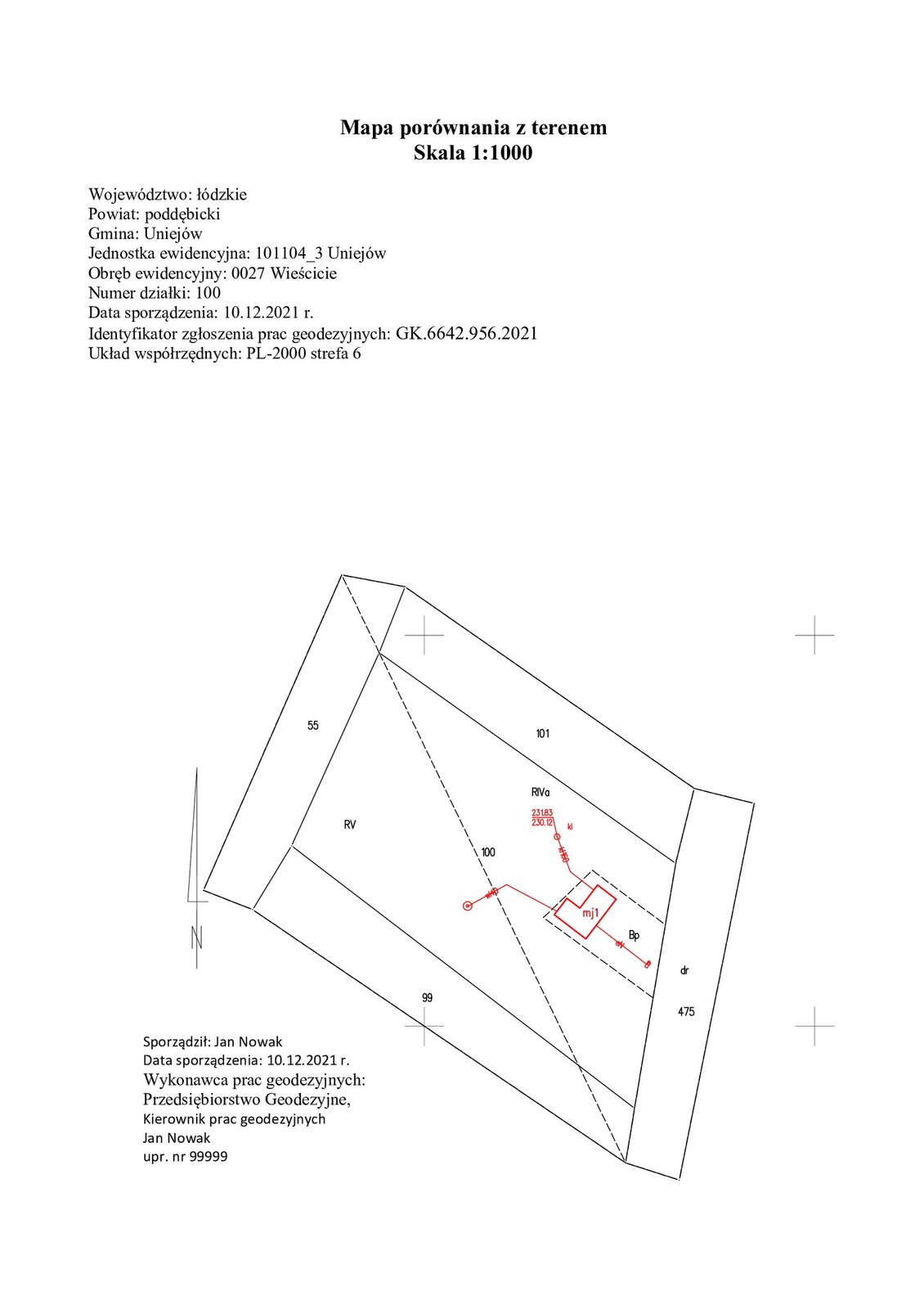 Grafika przedstawia mapę porównania z terenem w skali jeden do tysiąca. Informacje tekstowe: Województwo: łódzkie. Powiat: poddębicki. Gmina: Uniejów. Jednostka ewidencyjna: 101104_3 Uniejów. Obręb ewidencyjny: 0027 Wieścicie. Numer działki: 100. Data sporządzenia: 10.12.2021 roku. Identyfikator zgłoszenia prac geodezyjnych: GK.6642.956.2021. Układ współrzędnych: PL‑2000 strefa 6. Poniżej mapa porównania z terenem z oznaczeniami geodezyjnymi. Pod mapą informacje: Sporządził: Jan Nowak. Data sporządzenia: 10.12.2021 roku. Wykonawca prac geodezyjnych: Przedsiębiorstwo Geodezyjne. Kierownik prac geodezyjnych Jan Nowak. Uprawnienia numer 99999.