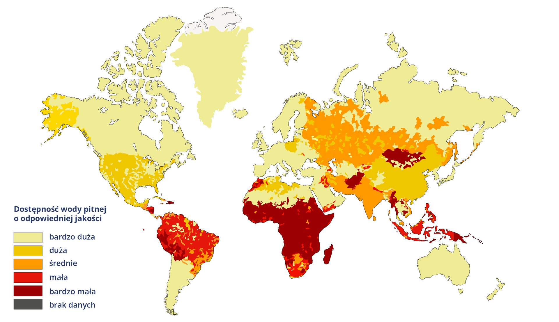 Na mapie świata zaznaczono dostępność wody pitnej w odpowiedniej jakości. Bardzo duża: Kanada, Grenlandia, południowa część Ameryki Południowej, północna Afryka, znaczna część Półwyspu Arabskiego, Europa, północna, północno-wschodnia i środkowa część Rosji, Australia. Duża, między innymi: Stany Zjednoczone, Meksyk, północne krańce Afryki, Polska, Chiny, niewielkie obszary w zachodniej i centralnej części Rosji. Średnia: znaczne obszary w zachodniej Rosji, Indie, Iran. Mała: głównie północna połowa Ameryki Południowej, Malezja, Indonezja. Bardzo mała: północno-zachodnie obszary Ameryki Południowej, Nikaragua, Haiti, znaczna część Afryki  - środkowa i południowa Afryka, Madagaskar, Afganistan, Mongolia, Papua-Nowa Gwinea, Birma, południowa część Tajlandii.  