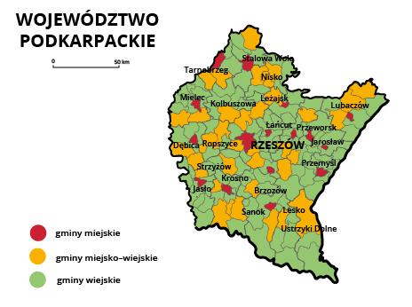 Mapa województwa podkarpackiego. Na mapie szarymi liniami zaznaczono granice powiatów ziemskich, białymi kropkami zaznaczono miasta będące stolicami powiatów. W obrębie powiatów ziemskich kolorami wyróżniono gminy miejskie (na czerwono), miejsko‑wiejskie (na żółto) i wiejskie (na zielono). Stolicą województwa jest Rzeszów. Stolicami gmin miejskich są Rzeszów, Przemyśl, Przeworsk, Dębica, Leżajsk, Lubaczów, Krosno, Brzozów, Sanok, Mielec, Stalowa Wola, Tarnobrzeg, Łańcut, Jarosław, Jasło. Stolicami gmin miejsko‑wiejskich są Ropczyce, Strzyżów, Lesko, Ustrzyki Dolne, Kolbuszowa, Nisko.