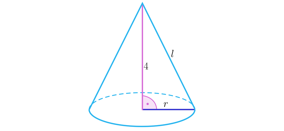 Ilustracja przedstawia stożek o promieniu podpisanym literą r, jego wysokość ma długość 4, a krawędź boczna została podpisana literą l. 
