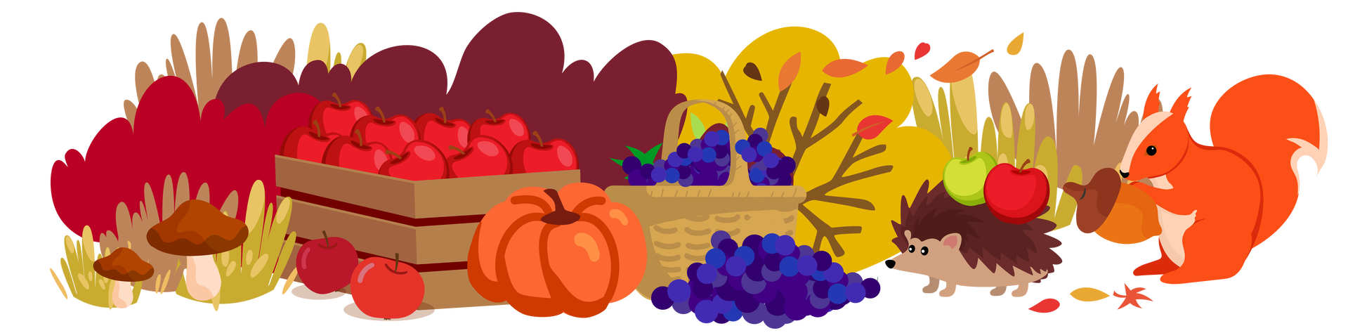 Ilustracja przedstawia jesienny krajobraz: trawy i krzewy w jesiennych kolorach. W powietrzu unosi się kilka pomarańczowych liści. Po lewej stronie rosną dwa grzyby o brązowych kapeluszach. Po prawej stronie stoi brązowa skrzynia wypełniona czerwonymi jabłkami. Dwa jabłka leżą obok skrzyni. Na środku leży duża, pomarańczowa dynia, a po jej prawej stronie stoi brązowy kosz wypełniony jagodami. Duża garść jagód leży przed koszem. Po prawej stronie kosza stoi jeż, który niesie na grzbiecie dwa jabłka: jasnozielone i czerwone. Obok jeża siedzi pomarańczowa wiewiórka trzymającą w łapkach żołądź.