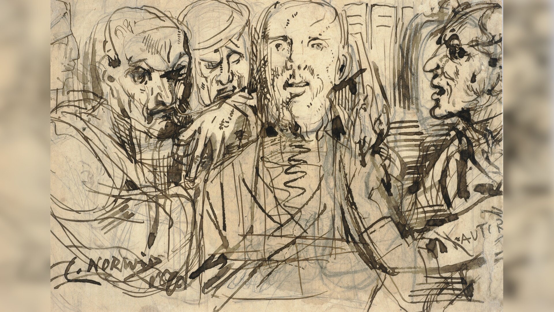 Szkic przedstawia nakreślone tuszem twarze kilku mężczyzn. Trzech widocznych jest z przodu, jeden lewym profilem.