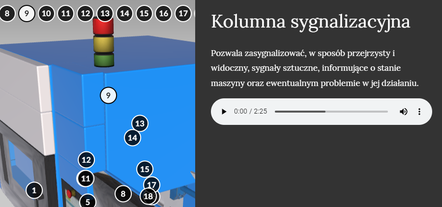 Zdjęcie przedstawia rozwinięcie jednego z punktów interaktywnych, który znajduje się na modelu 3D wtryskarki. Na ekranie widoczna jest treść oraz odtwarzacz audio, dotyczący kolumny sygnalizacyjnej wtryskarki.