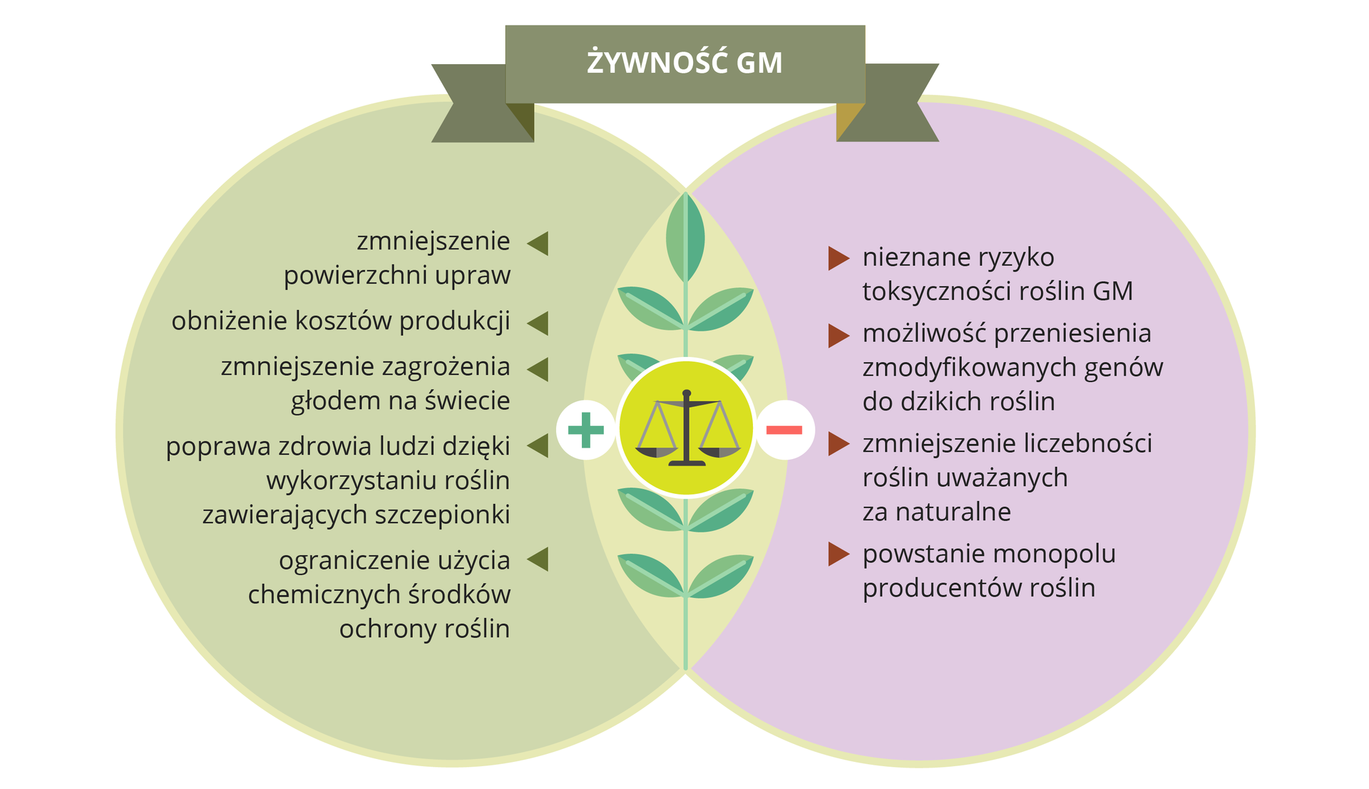 Ilustracja przedstawia zachodzące na siebie dwa koła: zielone i liliowe. W ich części wspólnej przedstawiono sylwetkę szaro - niebieskiego liścia, na który w centrum nałożono ilustrację wagi i znaki: plus i minus. U góry napis: żywność GM. W zielonym kole wypisano zalety: zmniejszenie powierzchni upraw, obniżenie kosztów produkcji, zmniejszenie zagrożenia głodem na świecie, poprawa zdrowia ludzi dzięki wykorzystaniu rośli zawierających szczepionki, ograniczenie użycia środków ochrony roślin. W liliowym kole przedstawiono wady genetycznej modyfikacji roślin: nieznane ryzyko toksyczności GM, możliwość przeniesienia zmodyfikowanych genów do dzikich roślin, zmniejszenie liczebności roślin uważanych za naturalne, powstanie monopolu producentów roślin. 