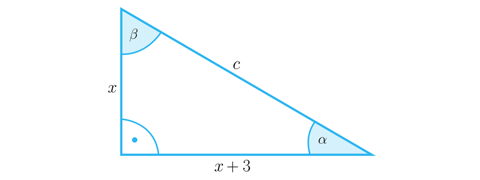 Rysunek przedstawia trójkąt prostokątny o podstawie x, plus, trzy, o pionowej przyprostokątnej x oraz o przeciwprostokątnej c. Na rysunku zaznaczono również kąty wewnętrzne trójkąta. Kąt prosty między bokami x, plus, trzy i x, kąt alfa między bokami x, plus, trzy a c oraz kąt BETA między bokami x i c.