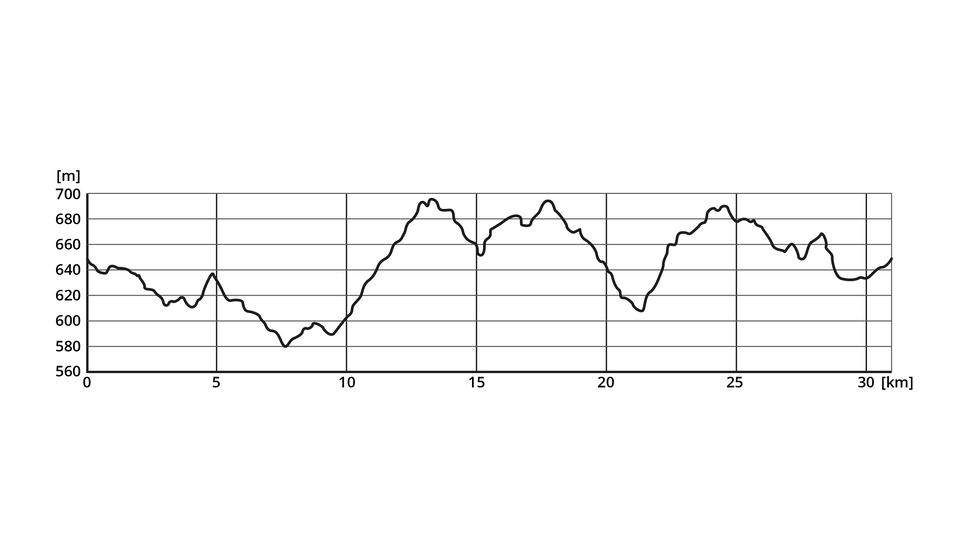 Na wykresie na osi Y są liczby od 560 do 700 metrów, na osi X od 0 do 30 kilometrów. Na wykresie jest krzywa z licznymi wahaniami.  