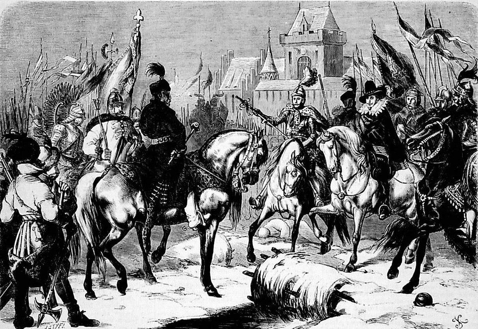 Ilustracja przedstawia grupę mężczyzn : rycerzy oraz szlachty na koniach w czasie spotkania z drugą grupą mężczyzn na koniach. Spotkanie odbywa się na polu przed zamkiem. Mężczyźni na koniach mają w rękach flagi i proporce.Część z nich ubrana jest w zbroje z pióropuszami na plecach.