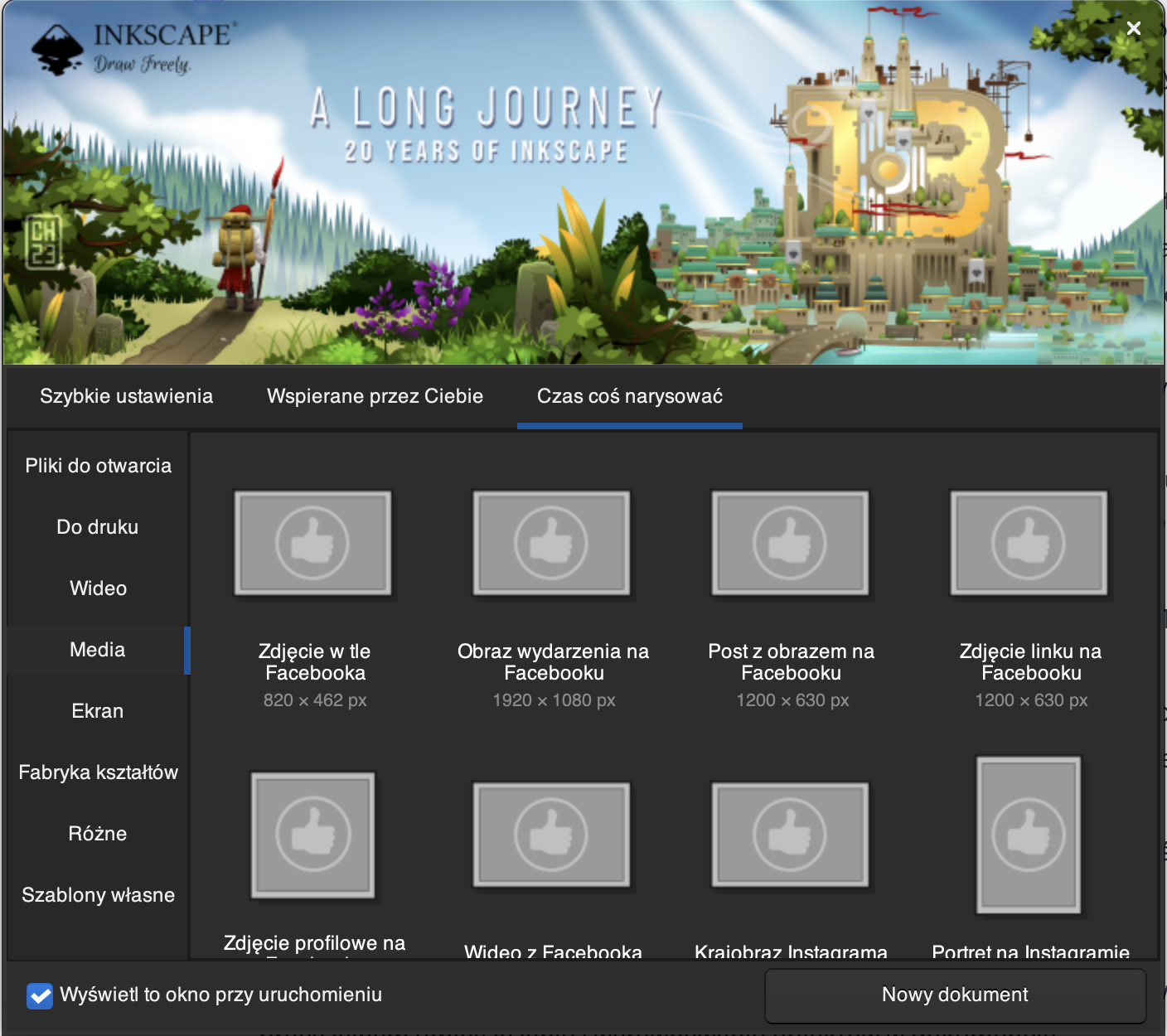 Grafika przedstawia ustawianie obszaru roboczego w programie Inkscape. W panelu czas coś narysować w oknie media istnieje możliwość ustawienia rodzaju medium na przykład zdjęcia w tle facebooka lub krajobrazu Instagrama.