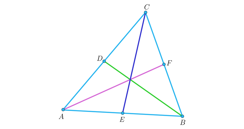 Na ilustracji przedstawiono trójkąt A B C. Z wierzchołka A, poprowadzono środkową do punktu F, leżącego na boku C B. Z wierzchołka B poprowadzono środkową do punktu D, leżącego na boku A C. Z wierzchołka C poprowadzono środkową do punktu E, leżącego na boku A B.