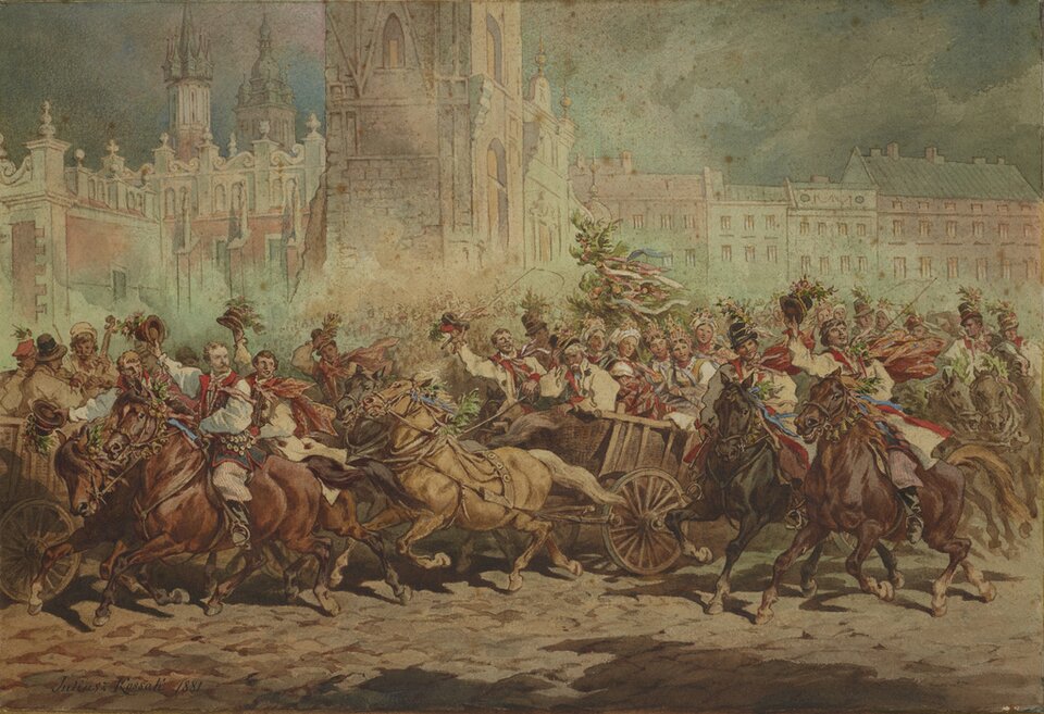 Ilustracja przedstawia dużą grupę weselników przejeżdżających konno lub na wozach przez rynek główny w Krakowie. Młodzi mężczyźni są ubrani w koszule, długie kamizelki i szerokie spodnie. Podnoszą kapelusze ozdobione świeżymi gałązkami. Na wozie siedzą młode kobiety. Ubrane są w koszule, kamizelki i spódnice. Na głowach mają chustki lub wianki. Nad nimi góruje ozdobione wstążkami drzewko iglaste. W tle bryła Kościoła Mariackiego i kilkukondygnacyjne kamienice.