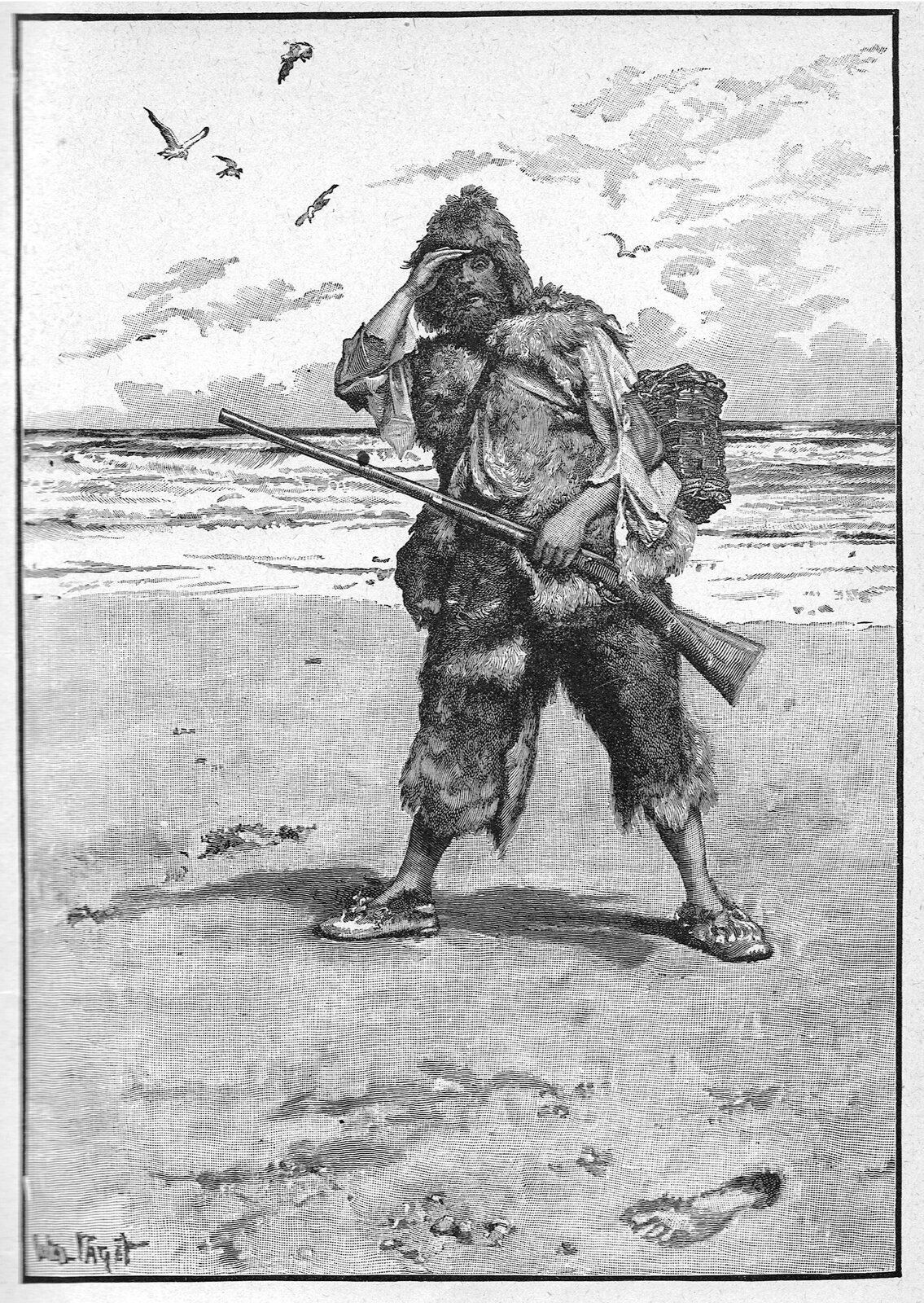 Kliknij, aby powiększyć. Czarno‑biała grafika przedstawiająca brodatego mężczyznę odzianego w futrzane skóry i podartą koszulę. Na nogach ma buty uplecione z pędów jakiejś rośliny. Głowę osłania futrzany kaptur. Mężczyzna stoi na plaży i przygląda się z przerażeniem odciskowi stopy na piasku. W lewym ręku trzyma strzelbę, prawą przyłożył do czoła zasłaniając oczy. Na plecach ma wiklinowy kosz. W tle morze i latające mewy.