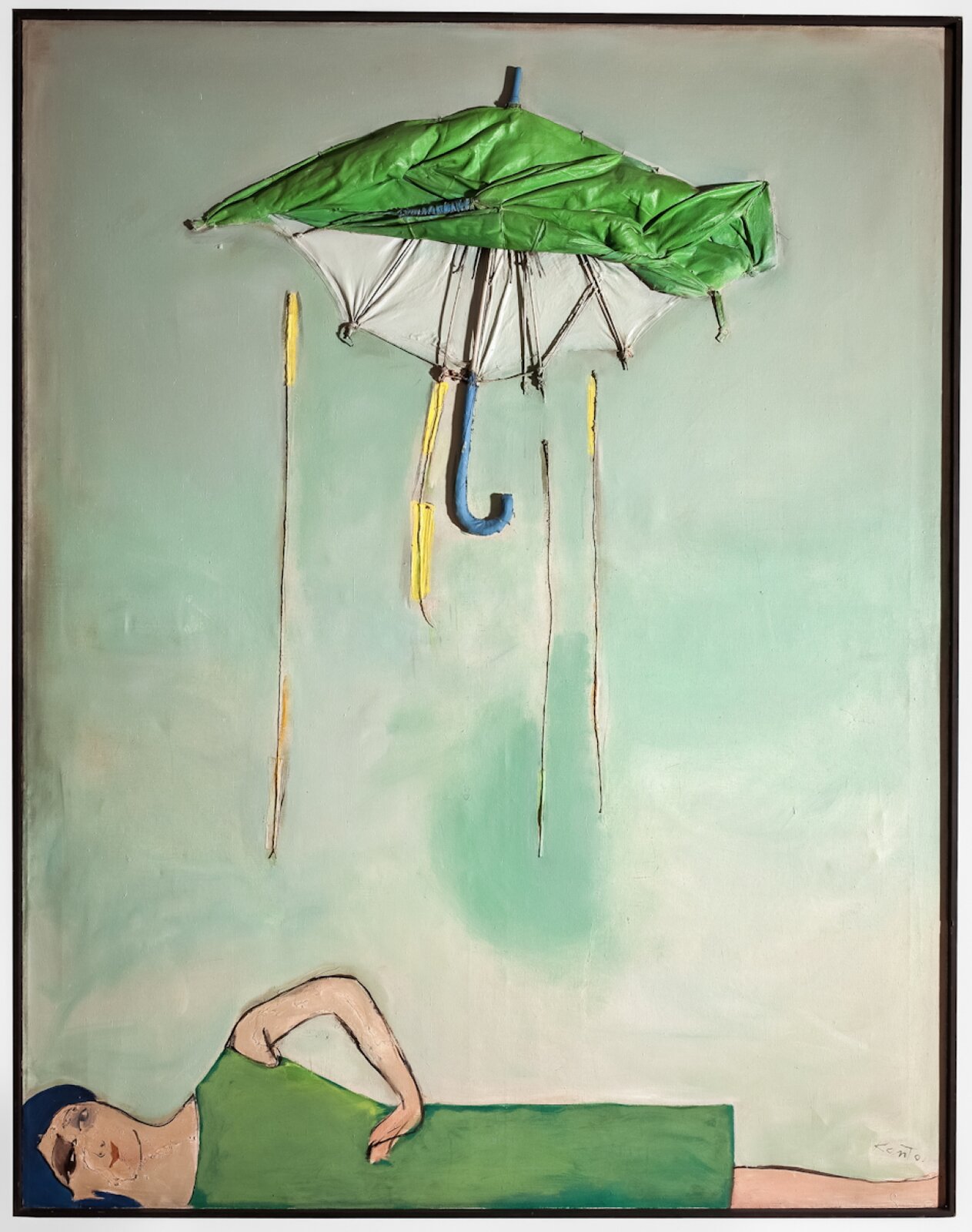 Praca przedstawia leżącą u dołu obrazu młodą kobietę o niebieskich włosach i sięgającej kolana zielonej sukience. Kobieta, widoczna horyzontalnie, jedną rękę trzyma opartą na biodrze. Jej skóra jest jasna, wąskie usta pomalowane na czerwono, a powieki - na szaro. Nad leżącą kobietą unosi się zielona parasolka z niebieską rękojeścią oraz z powyginanymi drutami. Obok parasolki widoczne są w powietrzu cztery pionowe druty z fragmentami żółtego materiału. Tło stanowi mieszanka białego oraz zielonego koloru.