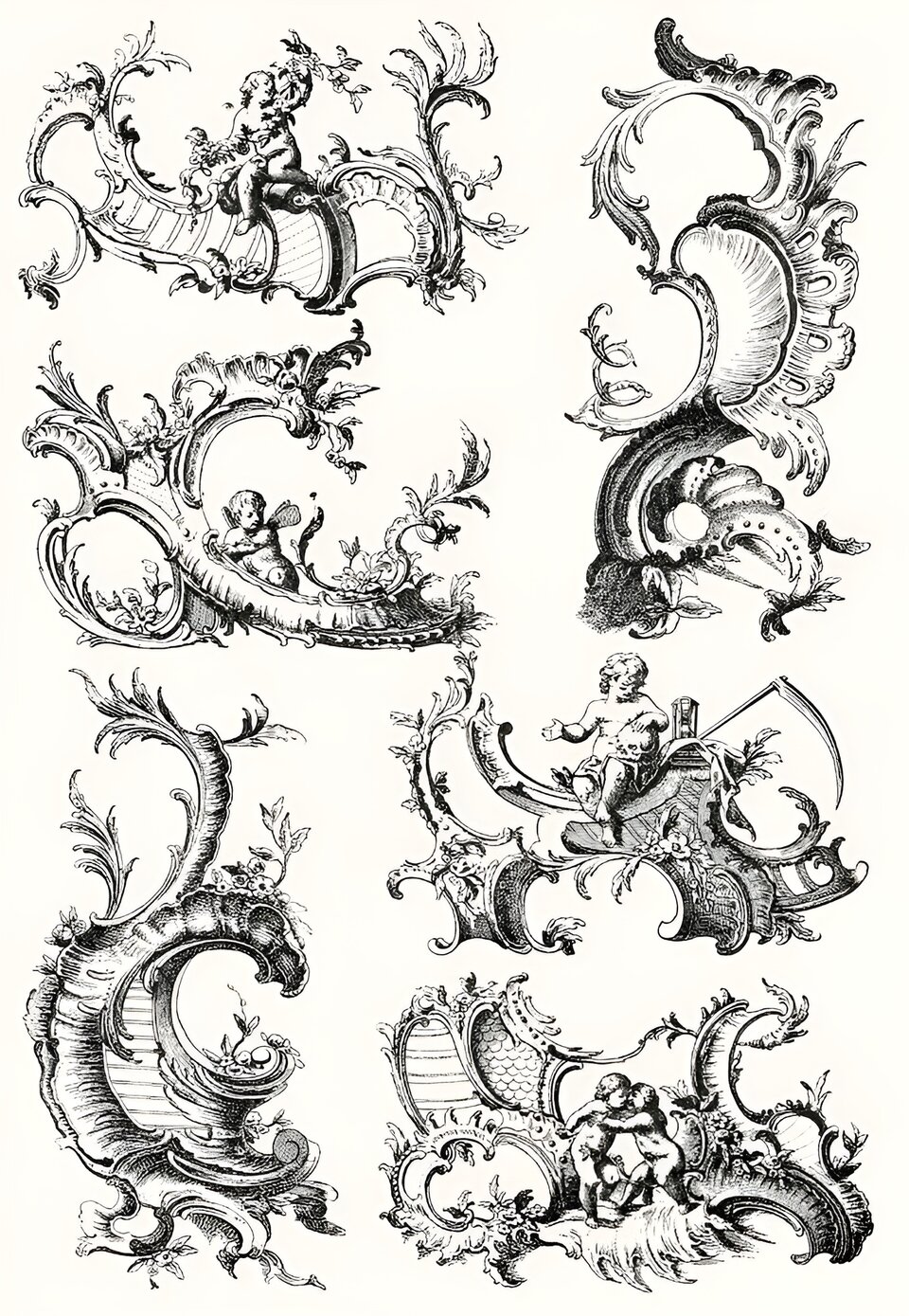 Ilustracja przedstawia kilka ornamentów w tym samym stylu, ułożonych obok siebie. Czarnym kolorem, cienką kreską narysowano skręcające się w różne strony wzory. Przypominają one morską falę czy też muszlę. Często skręcają się w półokrąg. Końce tych półokręgów są delikatne i zwężone. Miejscami pojawiają się też spiralnie skręcone elementy przypominające młody pęd. Na niektórych elementach umieszczono siedzące dzieci o pulchnych kształtach.