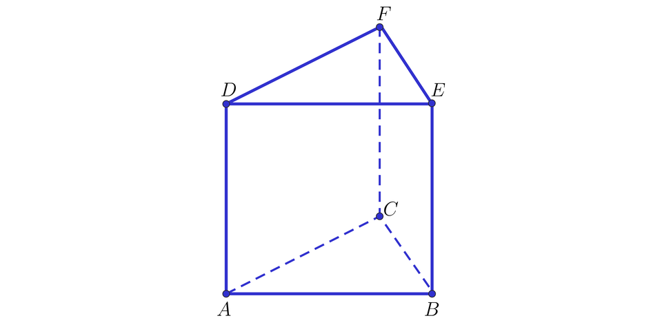 Grafika przedstawia graniastosłup prawidłowy trójkątny, którego wierzchołki dolnej podstawy opisano A, B, C, a wierzchołki górnej podstawy opisano: D, E, F.