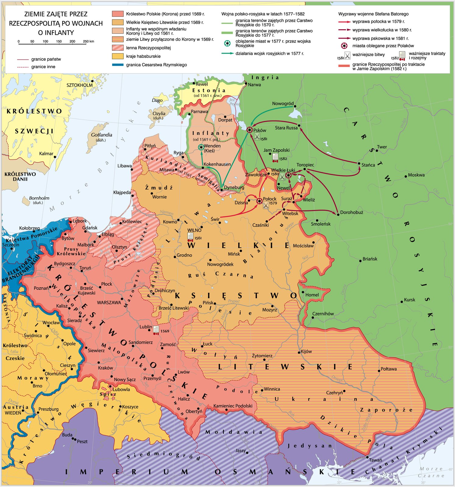 Mapa Rzeczpospolita po unii lubelskiej. Zawiera informacje o ziemiach zajętych przez Rzeczpospolitą po wojnach i Inflanty.