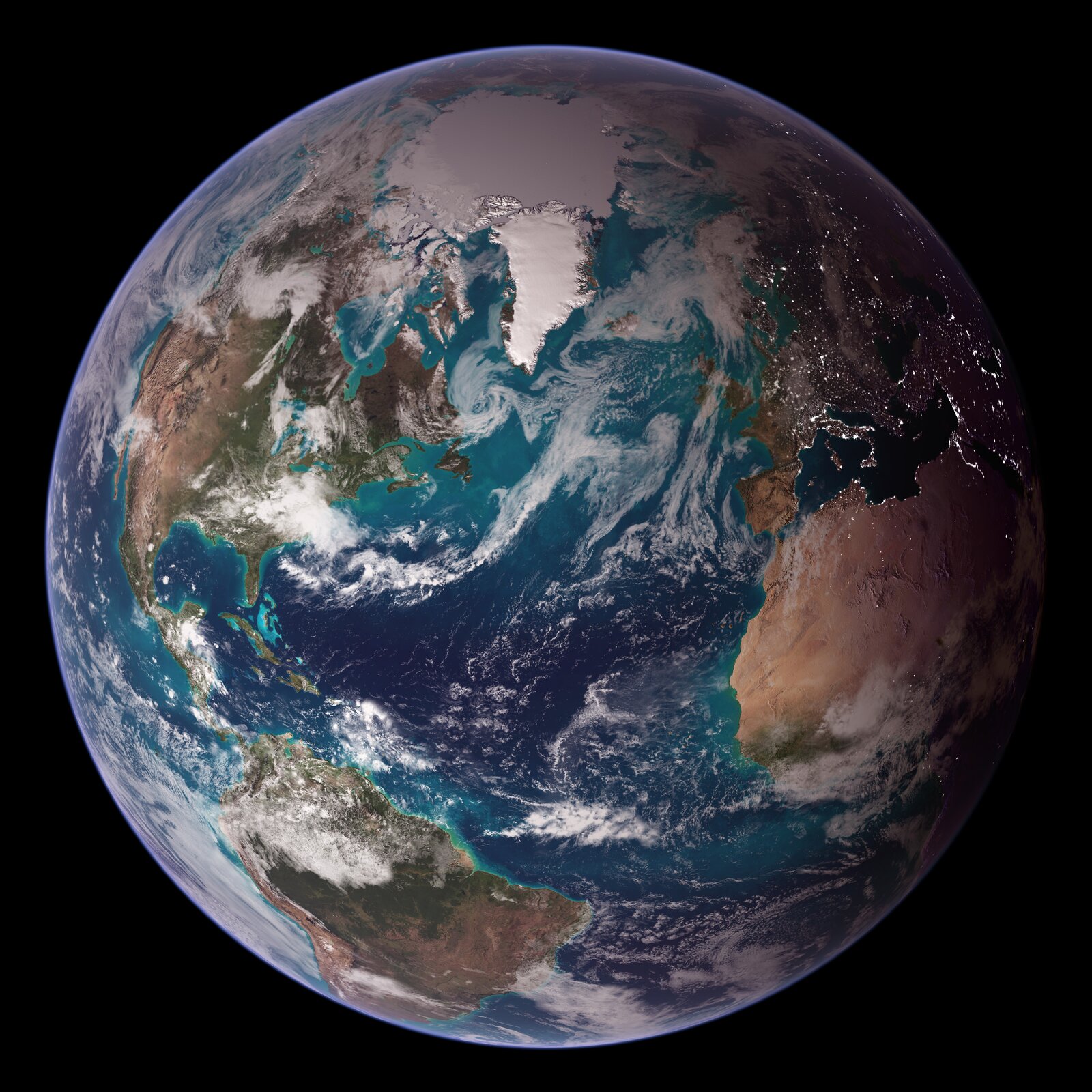 Ilustracja przedstawia zdjęcie satelitarne Ziemi. Po lewej stronie kuli ziemskiej znajduje się Ameryka Północna i Południowa, w centralnej części Ocean Atlantycki, po prawej stronie zanjdują się Afryka i Europa. W górnej części Grenlandia pokryta lądolodem i czapa lodowa pokrywająca Ocean Arktyczny. Kula ziemska gdzieniegdzie przysłonięta obłokami chmur.