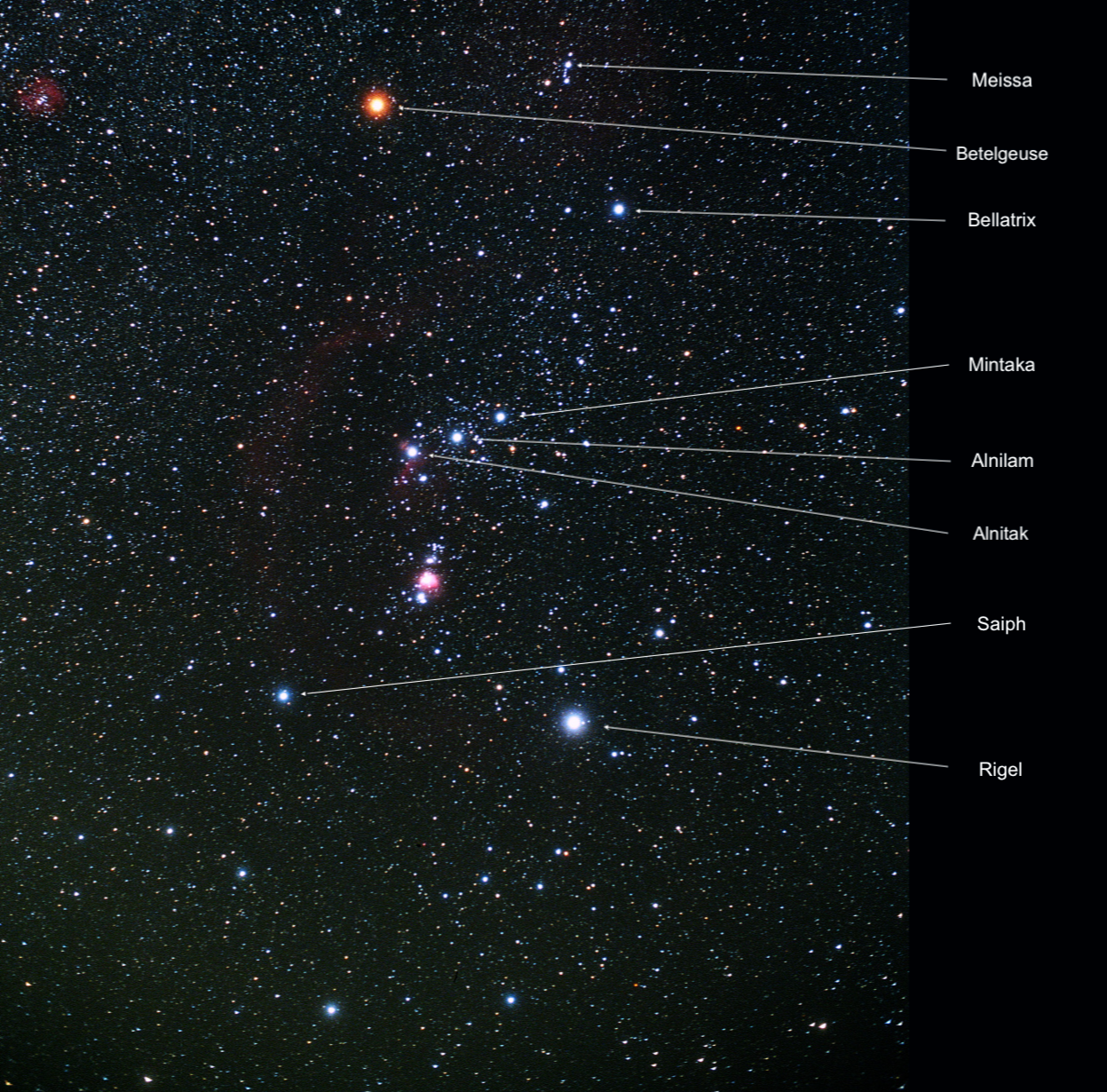 Fotografia prezentuje gwiazdozbiór Oriona. Na czarnym niebie widocznych jest bardzo wiele gwiazd. W centrum zdjęcia widać kilka dużych, jasnych, łatwo rozpoznawalnych gwiazd. Od góry widoczne są: Meissa, Betelgeuse, Bellatrix. Tworzą one trójkąt z wierzchołkiem w postaci Betelgeuse wysuniętym w lewo. Poniżej widoczne jest zbiorowisko następujących gwiazd: Mintaka, Alnilam, Alnitak. Ułożone są one w linii. Poniżej widoczne są Saiph i Rigel.