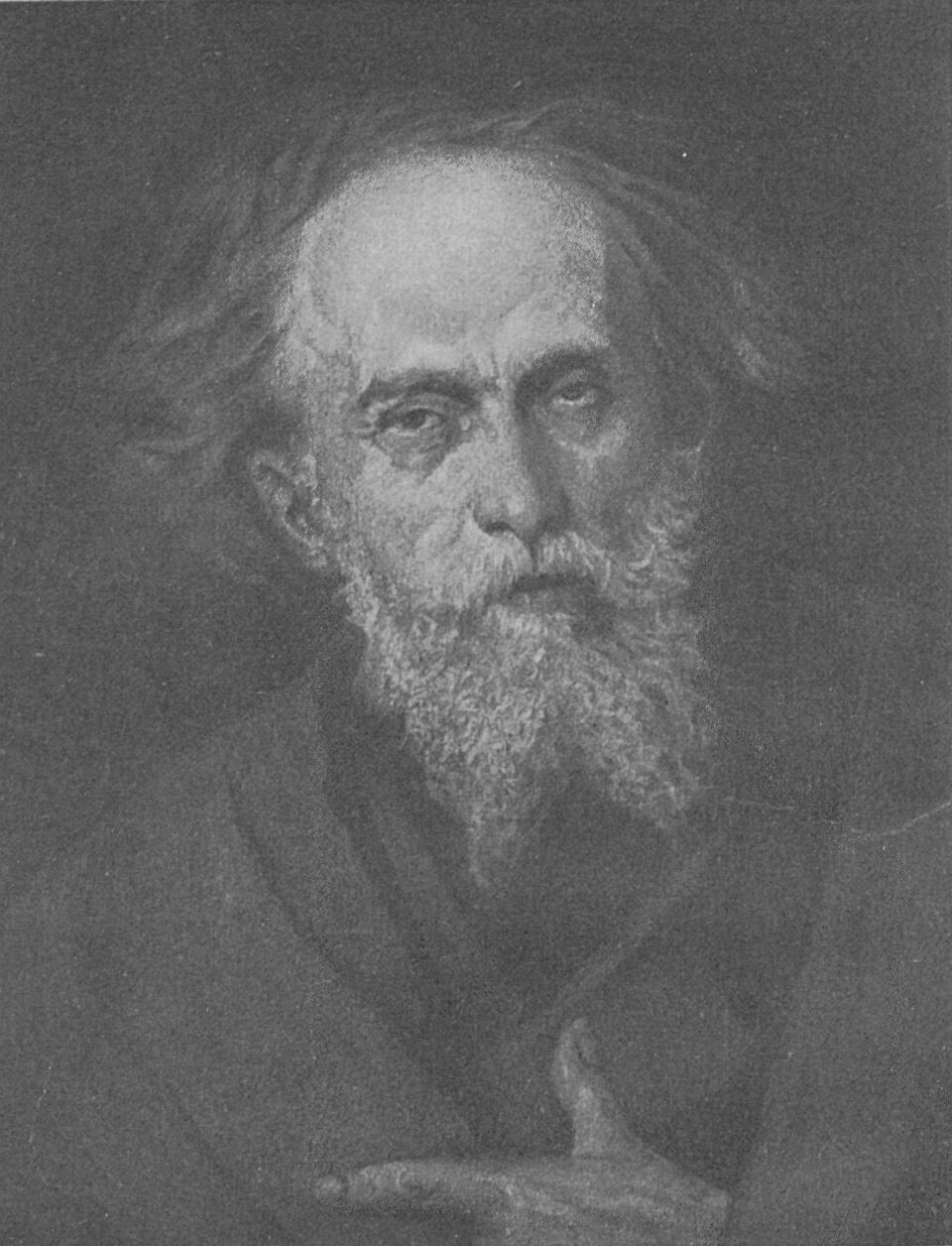 Obraz przedstawia portret sędziwego mężczyzny. Na jego twarzy widać liczne zmarszczki. Jego oczy są podkrążone. Mężczyzna ma bujne, półdługie włosy oraz gęstą brodę i wąsy.