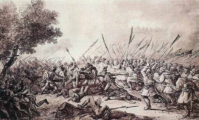 Ilustracja przedstawia scenę z bitwy. Widać dwie przeciwne armie ludzi ścierające się na płaskim trawiastym terenie. Jedna armia ma szable i karabiny, druga walczy kosami. Na ziemi leżą ciała zabitych, widać stojące armaty.