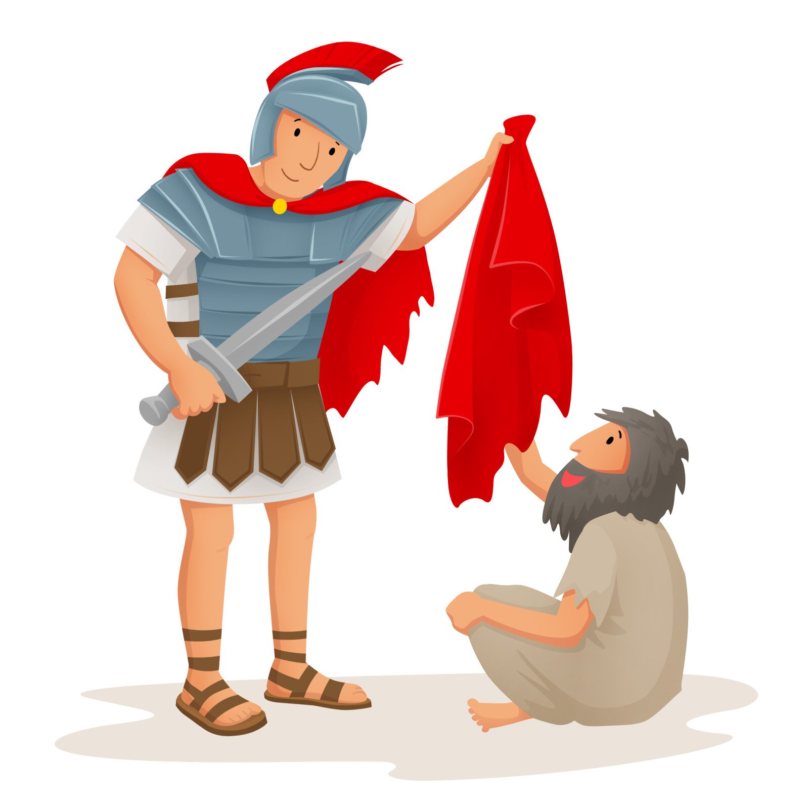 Ilustracja przedstawia dwóch mężczyzn. Jeden nosi hełm i zbroję, w ręku trzyma miecz. Drugi mężczyzna siedzi u jego stóp.