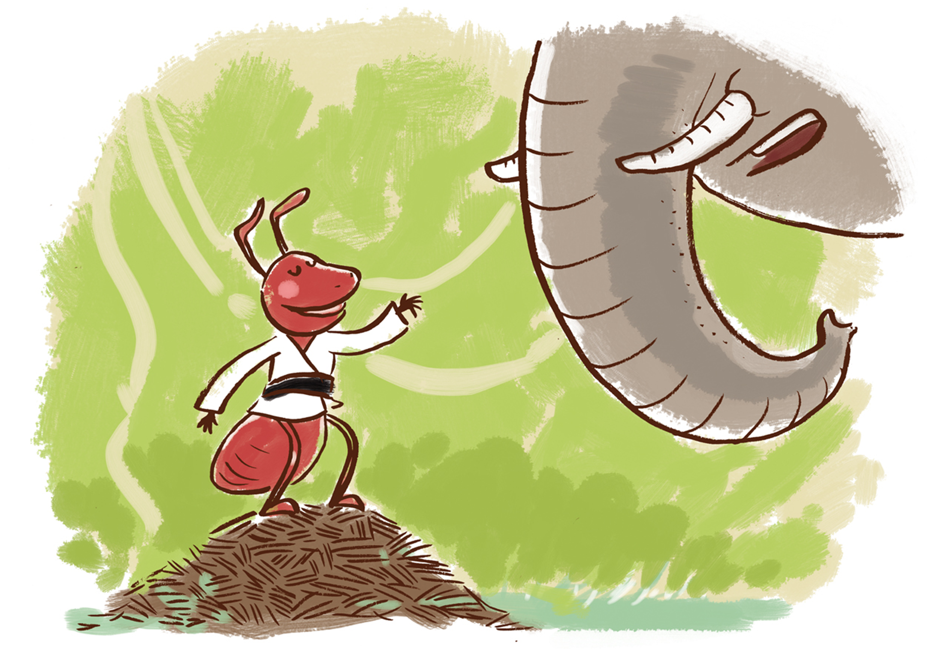 Kolorowa ilustracja przedstawia mrówkę, która stoi na małym wzniesieniu wielkości kopca kreta. Ma przymknięte oczy,  lewą łapkę ma uniesioną do góry. Po prawej stronie na drodze mrówki stoi słoń, pochyla się w jej kierunku. W kadrze mieści się tylko jego trąba, kły i otwarty pysk. Tło jest zielono‑szare.