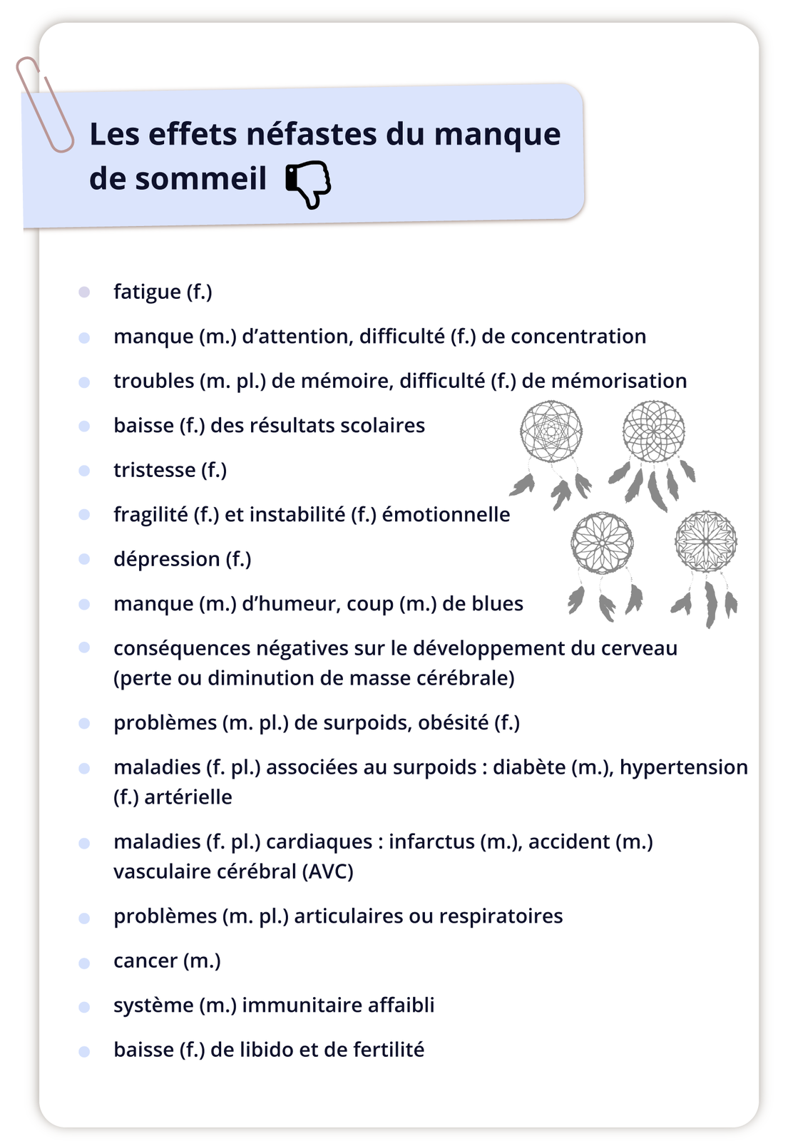 Grafika zatytułowana jest Les effets néfastes du manque de sommeil. Obok tytułu grafika kciuka skierowanego w dół. Poniżej lista wypunktowanych informacji a obok rysunki czterech łapaczy snów. Kolejno: fatigue (f.) manque (m.) d'attention, difficulté (f.) de concentration troubles (m. pl.) de mémoire, difficulté (f.) de mémorisation baisse (f.) des résultats scolaires tristesse (f.) fragilité (f.) et instabilité (f.) émotionnelle dépression (f.) manque (m.) d'humeur, coup (m.) de blues conséquences négatives sur le développement du cerveau (perte ou diminution de masse cérébrale) problèmes (m. pl.) de surpoids, obésité (f.) maladies (f. pl.) associées au surpoids: diabète (m.), hypertension (f.) artérielle maladies (f. pl.) cardiaques : infarctus (m.), accident (m.) vasculaire cérébral (AVC) problèmes (m. pl.) articulaires ou respiratoires cancer (m.) système (m.) immunitaire affaibli baisse (f.) de libido et de fertilité