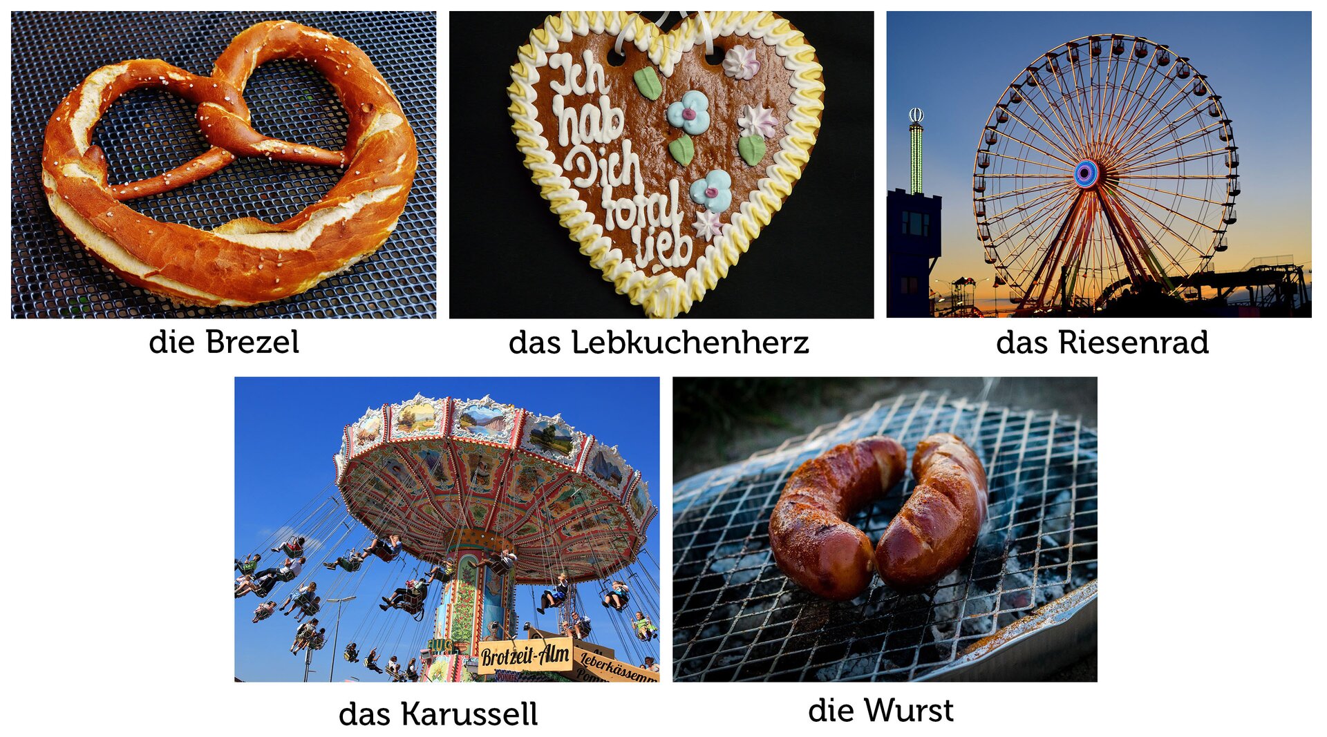 Ilustracja przedstawia precla, serce z piernika, diabelskie koło, karuzelę i kiełbasę. Obrazki są podpisane.