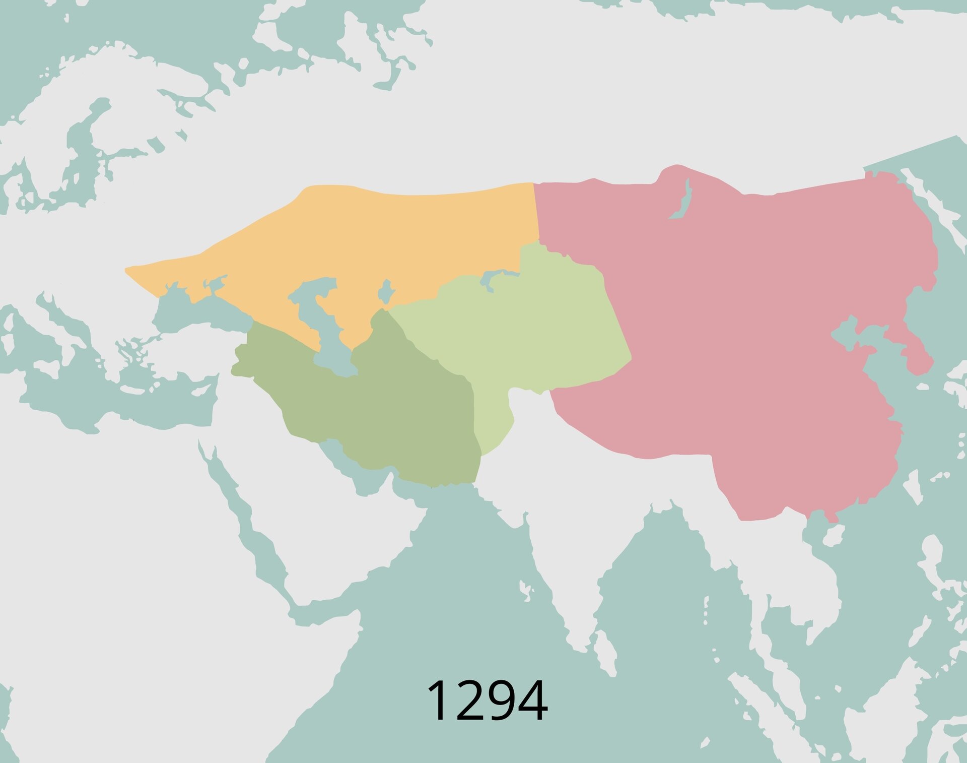 Podział imperium mongolskiego ok. 1300 r. Kolor różowy – obszar pod władza Kubilaj‑chana i jego potomków, którzy założyli dynastię Juan; kolor pomarańczowy to terytorium Złotej Ordy wywodzące się z terenów przydzielonych najstarszemu synowi Czyngis‑chana, Dżocziemu; kolor ciemnozielony – państwo Ilchanidów (założone przez piątego syna Tołuja, Hulagu, nazwa pochodzi od tytułu „ilchan” używanego przez władców); kolor jasnozielony – Chanat Czagatajski, obejmujący większość terenów Azji Środkowej.