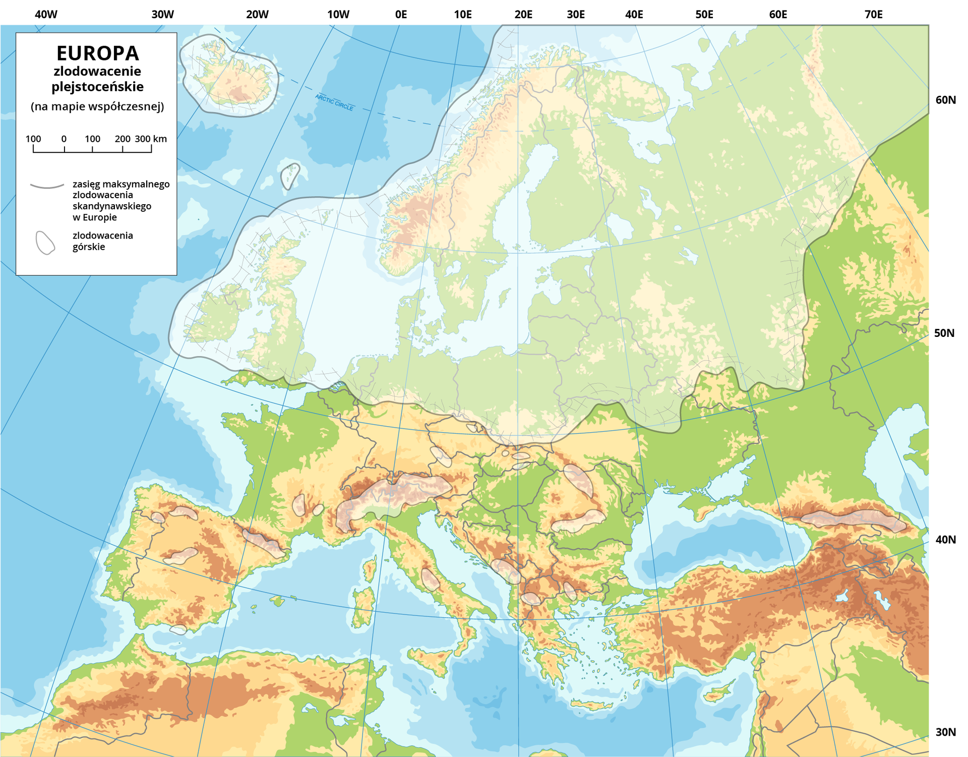 Mapa Europy przedstawia zasięg zlodowacenia plejstoceńskiego. Objęło ono Islandię, kraje skandynawskie, Irlandię, Wielką Brytanię, Holandię, Danię, północne Niemcy, Polskę, Białoruś, Litwę, Łotwę, Estonię, północną Ukrainę, zachodnią i północną Rosję. Zlodowacenia górskie objęły natomiast Alpy, góry w Rumunii, na Bałkanach, w Hiszpanii, Turcji.