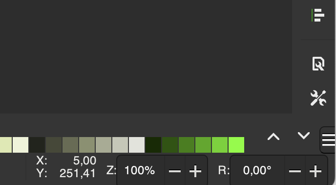 Grafika przedstawia zbliżenia na prawy dolny róg okna programu Inkscape. Znajduje się tutaj informacja o skali, która w tym przypadku ustawiona jest na sto procent.