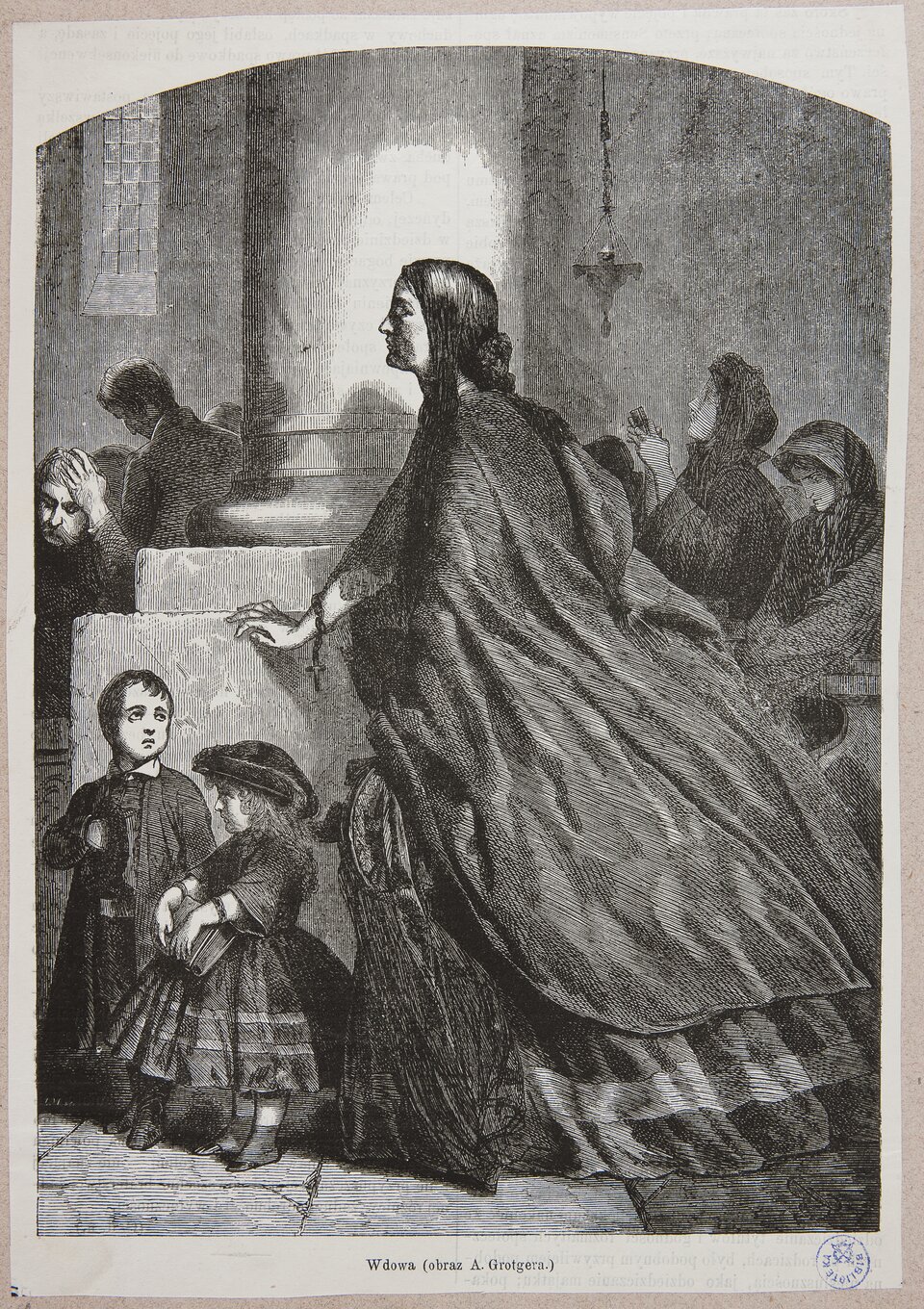 Rysunek przedstawia wnętrze kościoła. Stoi tu młoda kobieta, która opiera rękę o podstawę kolumny. Na przegubie ręki ma różaniec. Ma długie, proste włosy upięte w kok. Ukazuje lewy profil. Przymyka oczy. Ma prosty nos. Jest ubrana w długą, obszerną suknię i zarzuconą na plecy pelerynę. Przed nią stoi dwoje małych dzieci: chłopiec i dziewczynka. Mają smutne twarze. Ubrani są elegancko, chłopiec w garnitur, a dziewczynka w sukienkę. Chłopiec patrzy na kobietę. Dziewczynka trzyma w dłoniach książkę. na drugim planie stoją rozmodlone postaci.