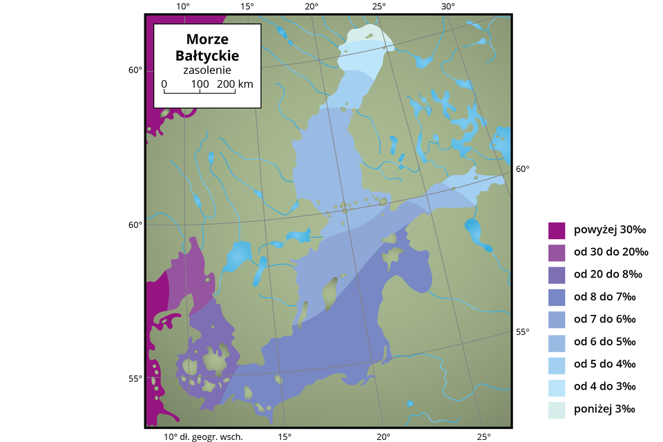 Na mapie Bałtyku zaznaczono poziom zasolenia wód. Średnie zasolenie wynosi około 7 promili. W Kattegacie i Skagerraku wynosi od 20 do 30 promili, w Bełtach i Zatoce Kilońskiej około 15–17, przy polskich wybrzeżach 7 promili, w Zatoce Puckiej spada do 6,2 promila, w Zatoce Fińskiej i Botnickiej spada do 2 promili. Duże różnice zasolenia w Bałtyku występują w kierunku pionowym. 