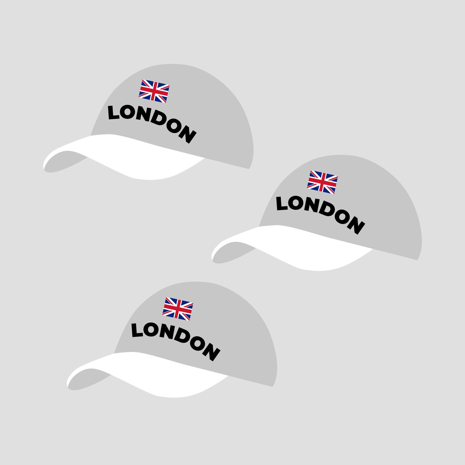 Ilustracja przedstawia trzy czapki z daszkiem z napisem London oraz flagą Wielkiej Brytanii.