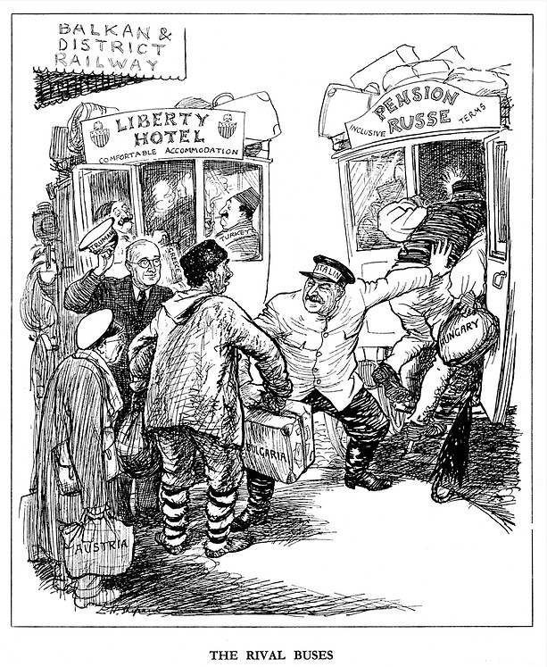 Ilustracja przedstawia dwa wejścia autobusu. Pierwsze z tabliczką: hotel wolność, komfortowe warunki, przed którym stoi mężczyzna w okularach i czapką z napisem Truman i zapraszam ludzi o środka. Przed drugim wejściem z tabliczką: pensjonat Ruski widać mężczyznę z wąsami i czapką z napisem Stalin, który wpycha ludzi do środka. Do tych drzwi w kolejce stoją ludzie z walizkami Bułgaria, Węgry.