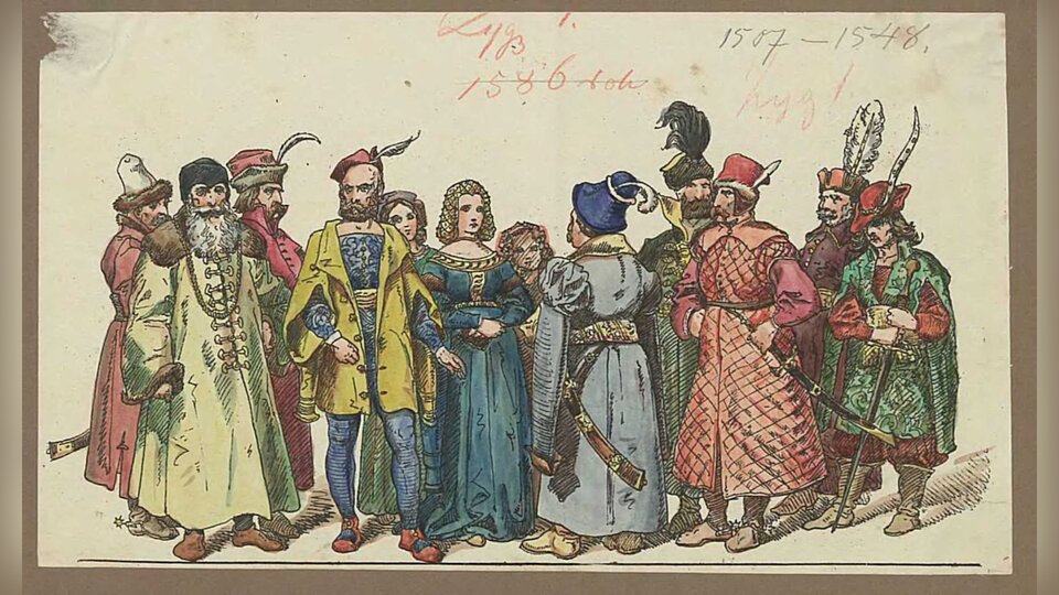 Obraz przedstawia grupę trzech kobiet i dziewięciu mężczyzn w szlacheckich strojach. Kobiety noszą długie, marszczone w pasie suknie z dekoltami. Włosy mają upięte i ułożone pod siateczką. Mężczyźni noszą żupany i kontusze, a na głowach typowe czapki szlacheckie z futra, ozdobione piórami. Jeden starszy mężczyzna z lewej strony nosi obszerny płaszcz z dużym kołnierzem. Na nogach mają buty z cholewami. U boków noszą szable. Jeden z mężczyzn wyróżnia się, gdyż nie nosi kontusza, ma obcisłe pończochy, a na koszulę ma zarzucony kubrak z szerokimi rękawami. 