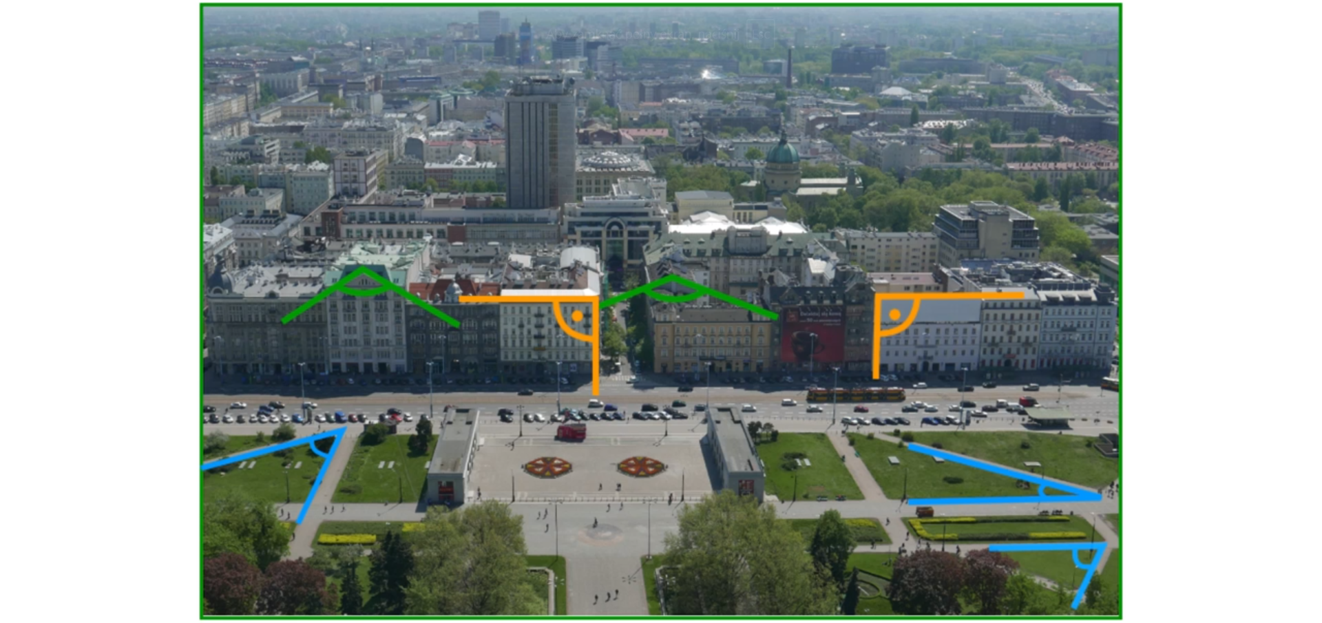  Zdjęcie przedstawia panoramę miasta, na pierwszym planie widać park, dalej zabudowę. Zaznaczone są kąty, które możemy dostrzec w przestrzeni miejskiej. Kąty ostre tworzą alejki w parku. Kąty proste tworzą ściany budynków z ich płaskimi dachami. Kąty rozwarte tworzą spadziste dachy kamienic.