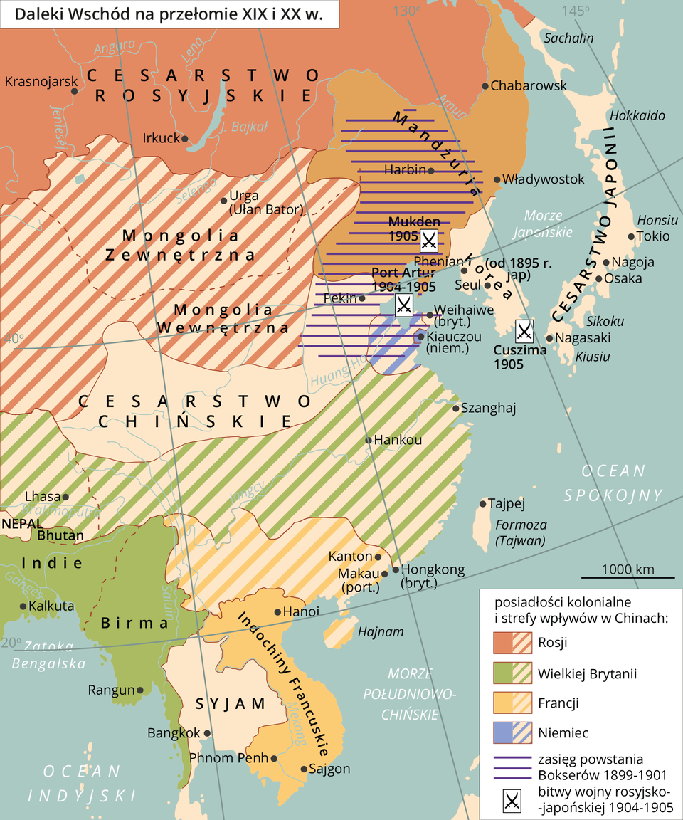 Ilustracja przedstawia mapę dalekiego wschodu na przełomie dziewiętnastego i dwudziestego wieku. Cały teren dalekiego wschodu od strony wschodniej otacza Ocean Spokojny. Od góry widać Cesarstwo Rosyjskie z zaznaczonymi miastami Krasnojarsk, Irkuck, Chabarowsk. Poniżej widać Cesarstwo Chińskie, na którego terenie w północnej części oznaczono Mongolię Zewnętrzną i Wewnętrzną (będąca pod wpływem Rosji). Po wschodniej stronie widać małe państwo graniczące z oboma cesarstwami, Korea. Najbliżej Korei widać wyspę na ocenie spokojnym, opisaną jako Cesarstwo Japonii. Pomiędzy Japonią i Koreą widać Morze Japońskie. Poniżej widać małą wysepkę opisaną jako Tajwan. Środkowa część Cesarstwa Chińskiego opisana jest jako posiadłości kolonialne Wielkiej Brytanii a południowa część cesarstwa jako posiadłości kolonialne Francji. Pod Cesarstwem Chińskim opisano państwa Nepal, Indie, Birma, Syjam, Indochiny Francuskie. Na terenie Korei oznaczono miasta bitew wojny japońsko‑rosyjskiej w latach 1904‑1905. Są to Mukden, Port Artur i Cuszima.