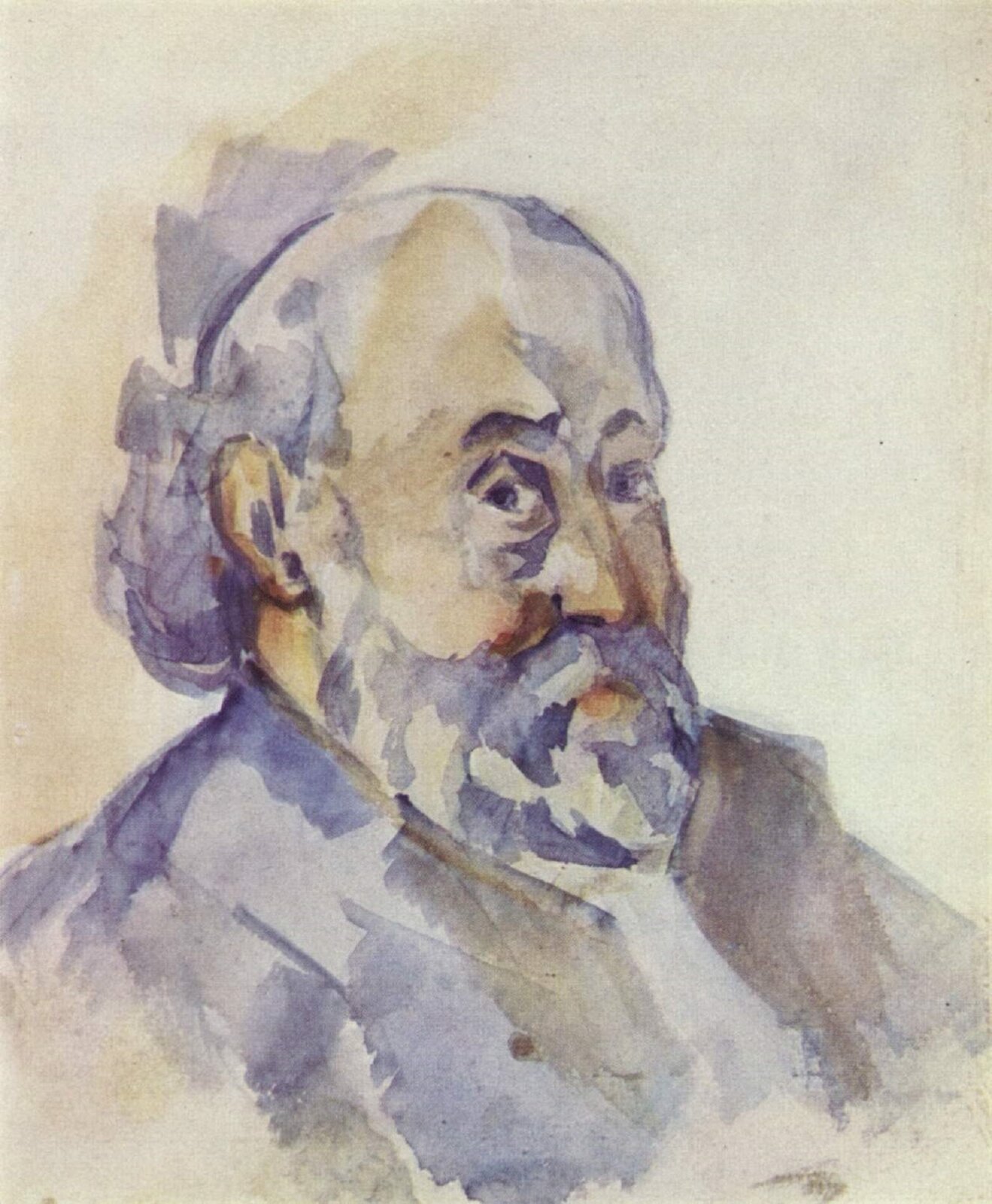 Ilustracja przedstawia akwarelę „Autoportret” autorstwa Paula Cézannea. Na obrazie znajduje się delikatnie namalowane popiersie starszego mężczyzny z brodą. Ujęta z półprofilu postać spogląda w kierunku widza. Utrzymany w tonacji niebiesko-szarej z elementami żółto-pomarańczowej karnacji i tła portret, namalowany jest lekko, swobodnymi pociągnięciami pędzla.
