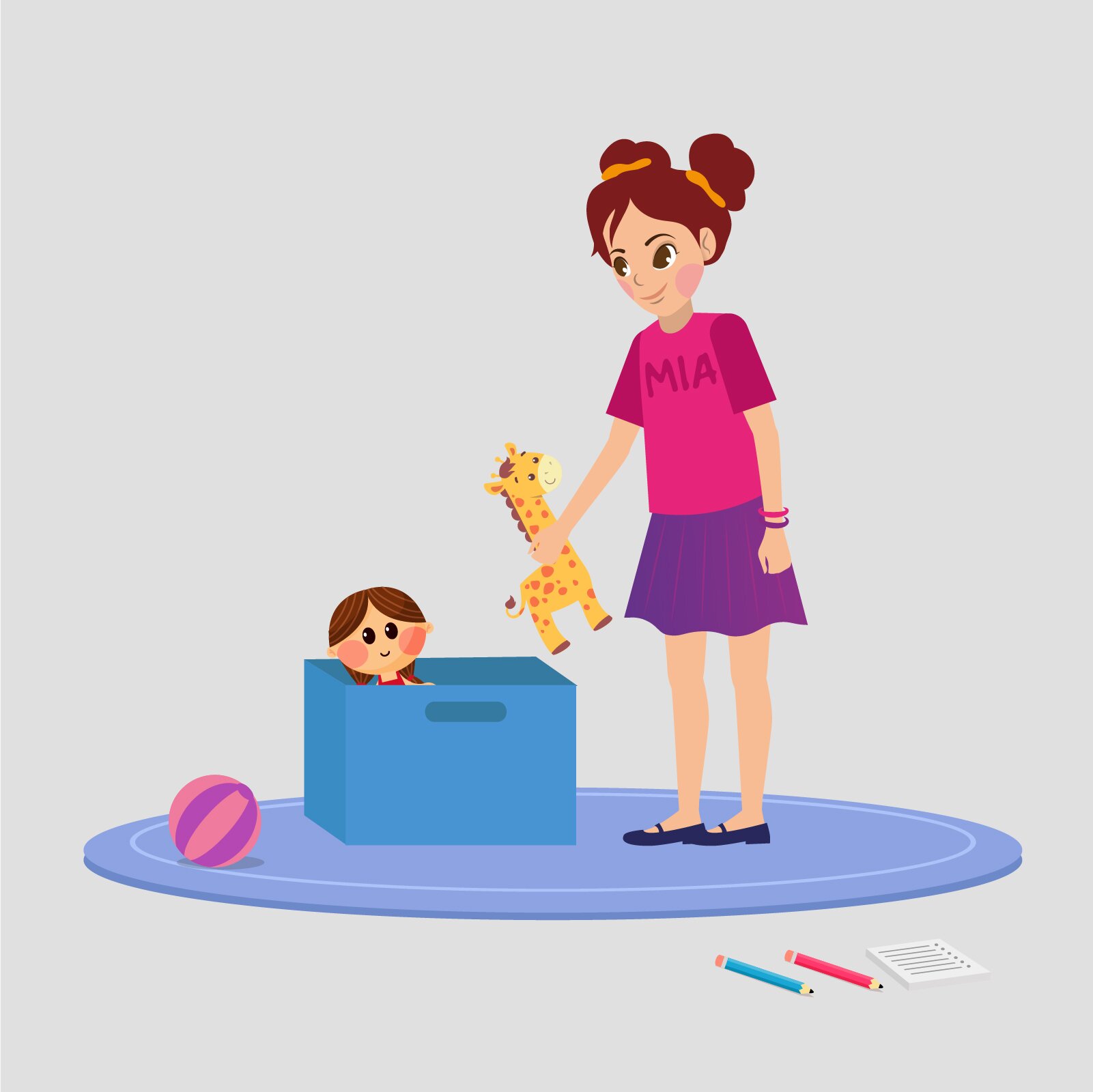 Ilustracja przedstawia Mię wkładającą zabawki do niebieskiego pudełka. 
