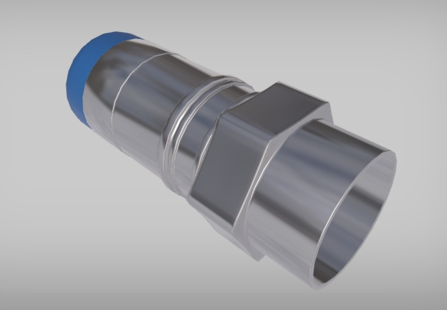 Na zdjęciu widoczny jest stalowy element stosowany do łączenia kabli. Ma on cylindryczny kształt, na zewnątrz jest zespolony ze śrubą umożliwiającą obracanie.