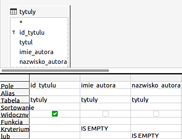 Ilustracja zawiera zrzut ekranu z programu. W górnej części grafiki widnieje kwadratowe pole zawierające informację o tytułach takie jak id tytułu, tytuł, imię autora, nazwisko autora  Poniżej widoczna jest tabela zawierająca szczegółowe dane dotyczące id tytułów, imię autora oraz nazwisko autora.