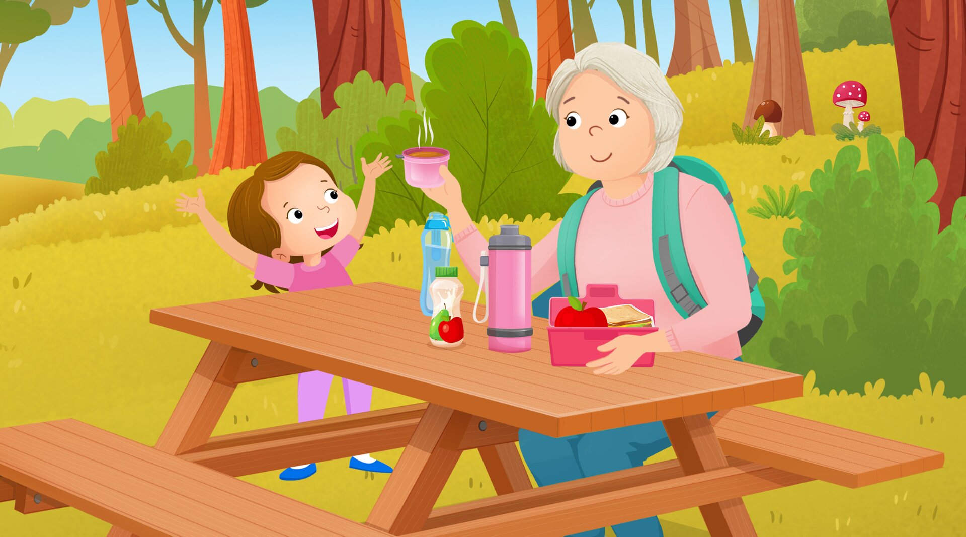 Na ilustracji znajdują się mama i córka przy stole piknikowym w lesie.