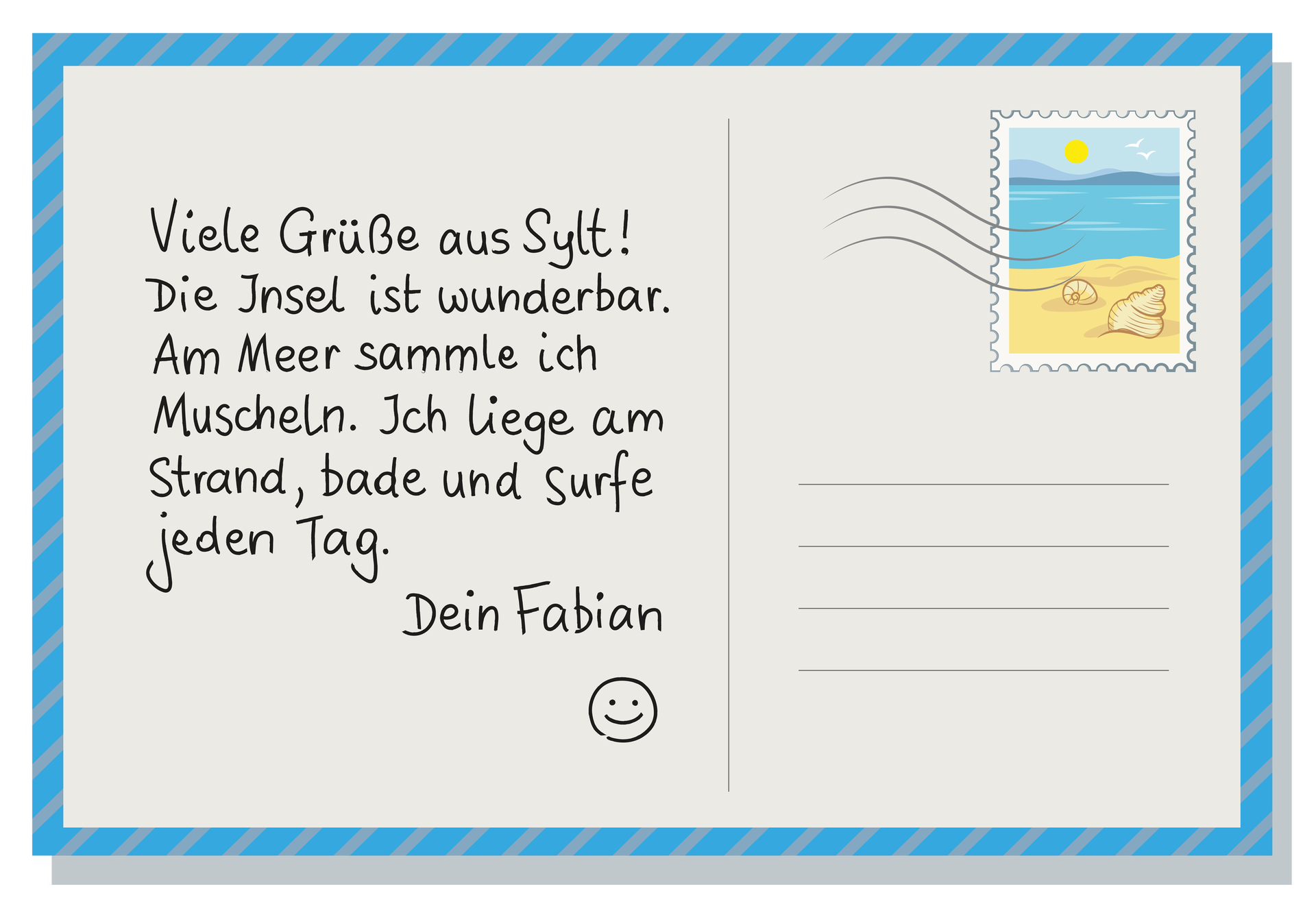 Widoczna jest ilustracja. Jest to pocztówka od Fabiana. Ma niebieską ramkę w paski i znaczek z plażą i wodą. Transkrypcja dostępna poniżej.