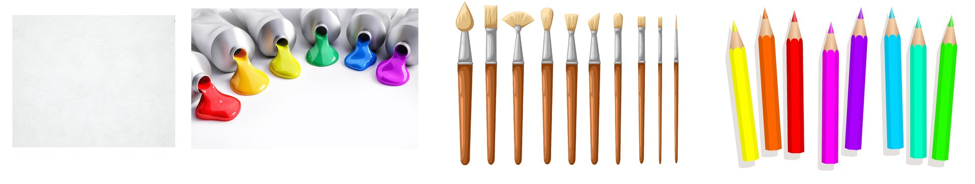 Ilustracja przedstawia biały karton, pędzle, kolorowe farby oraz kredki.
