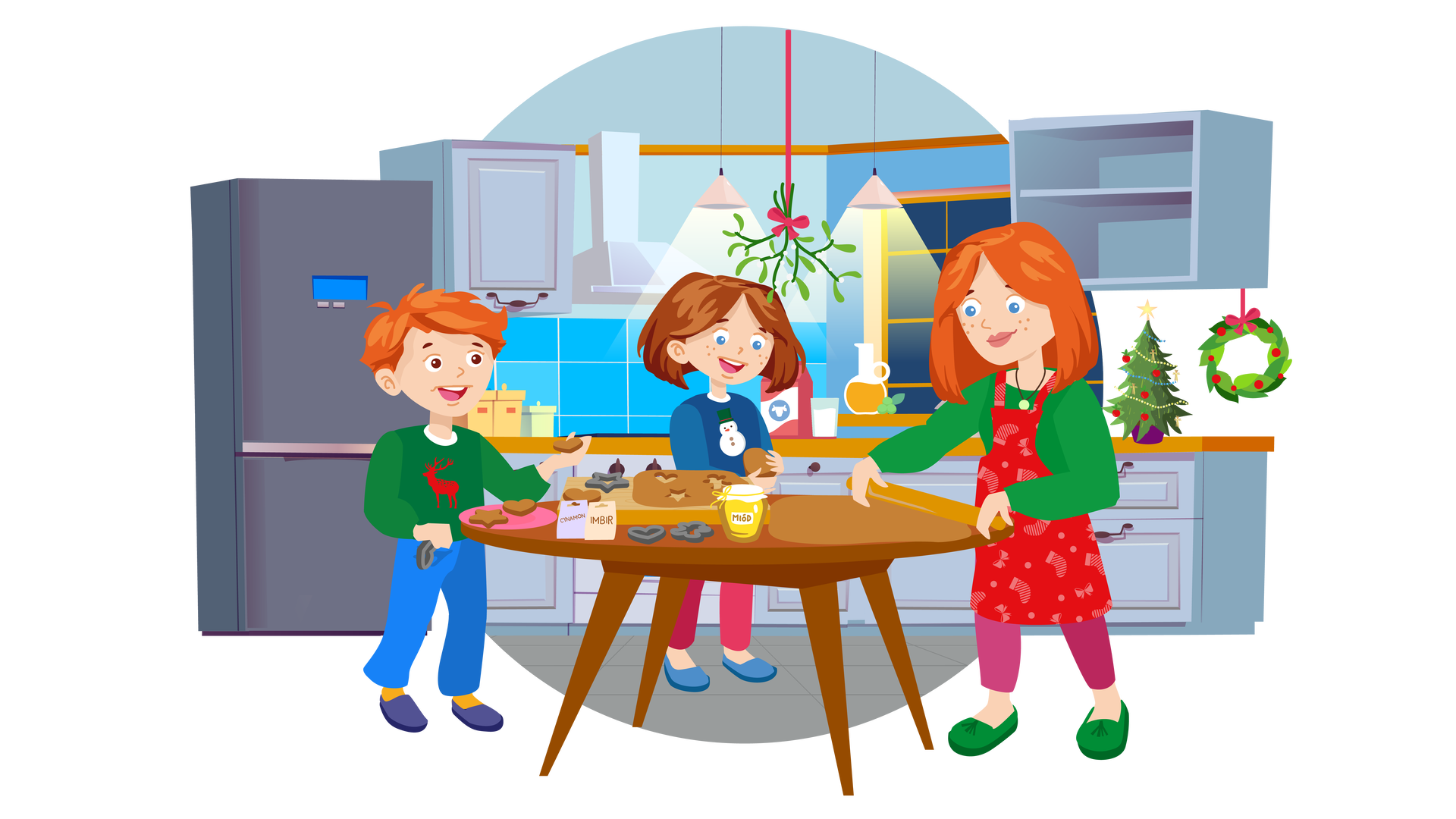 Ilustracja przedstawia kuchnię w domu Franka i Mai. W tle widać niebieską ścianę, wzdłuż której stoi rząd szarych szafek kuchennych. Na brązowym blacie stoją po lewej stronie dwa pomarańczowe pojemniki na żywność i jeden jasnozielony, nieco mniejszy. Dalej jest kuchenka z okapem i okno z parapetem, na którym stoi dzbanek soku pomarańczowego. Poniżej stoi na blacie karton mleka i szklanka mleka. Po prawej stronie jest niewielka choinka ze złotym łańcuchem, czerwonymi bombkami i gwiazdą na czubku, a obok niej wisi ozdobny zielony wieniec z czerwonymi bombkami i kokardą. Po lewej stronie ilustracji stoi wysoka ciemnoszara lodówkozamrażarka. Z sufitu zwisają dwie beżowe lampy dające ciepłe światło. Na pierwszym planie znajduje się okrągły brązowy stół. Są na nim foremki do pierników, różowy talerzyk z dwoma piernikami, paczka cynamonu, paczka imbiru, słoik miodu oraz deska z rozwałkowanym ciastem, z którego zostały wycięte trzy pierniki. Po prawej stronie stoi mama Franka i Mai w czerwonym fartuszku w świąteczne wzory. W rękach trzyma brązowy wałek, którym rozwałkowuje ciasto znajdujące się na stole. Za stołem stoi szeroko uśmiechnięta Maja w granatowym swetrze z bałwanem. Patrzy na okrągłe ciastko, które trzyma w dłoniach. Po lewej stronie stołu stoi szeroko uśmiechnięty Franek w ciemnozielonym swetrze z czerwonym reniferem. W prawej dłoni trzyma foremkę do pierników w kształcie serca, a w lewej wycięte ciastko.