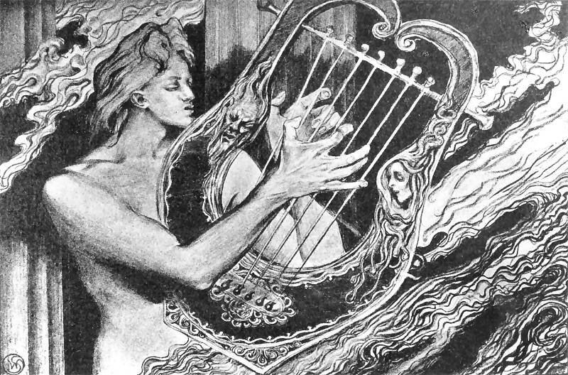 Grafika przedstawia młodego, nagiego mężczyznę grającego na lirze. Oczy mężczyzny są zamknięte. Dłonie znajdują się na strunach.