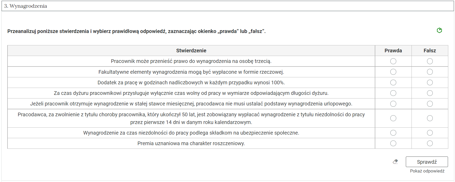 Widok na przykładowe ćwiczenie. W górnej części grafiki zakładka z nazwą kategorii. Poniżej polecenie. Po prawej stronie polecenia znajduje się kolorowy symbol, odzwierciedlający trudność zadania. Pod poleceniem treść zadania. Poniżej ikona gumki do usuwania odpowiedzi, przycisk “Sprawdź” oraz przycisk “Pokaż odpowiedź”.