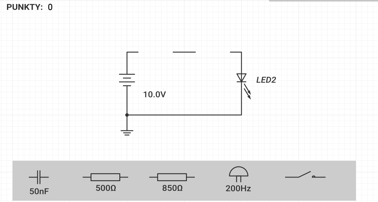 Widok przykładowego zadania. Po lewej stronie na górze znajduje się informacja o uzyskanych punktach, tutaj na grafice widnieje zero. Na środku schemat zadania, a pod nim symbole do umieszczenia poprzez przeciągnięcie na schemacie.