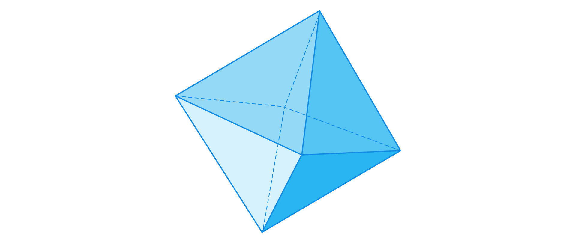 Ilustracja przedstawia ośmiościan foremny, jego ścianami bocznymi są trójkąty równoboczne. Kształtem bryła ta przypomina połączone ze sobą dwa ostrosłupy o podstawie czworokąta. 